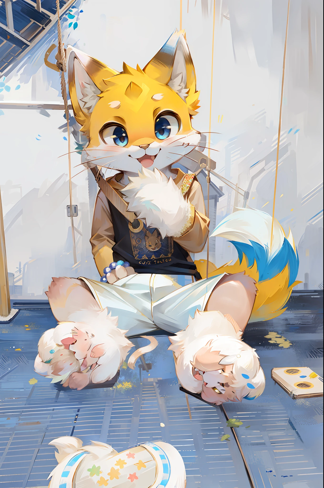 masterpiece, high quality portrait, anthro, furry, (cub), (whiskers), solo child boy, friendship bracelet, (on swing), casual wear, yellow outerwear, (laughing), playground, (by kekitopu)