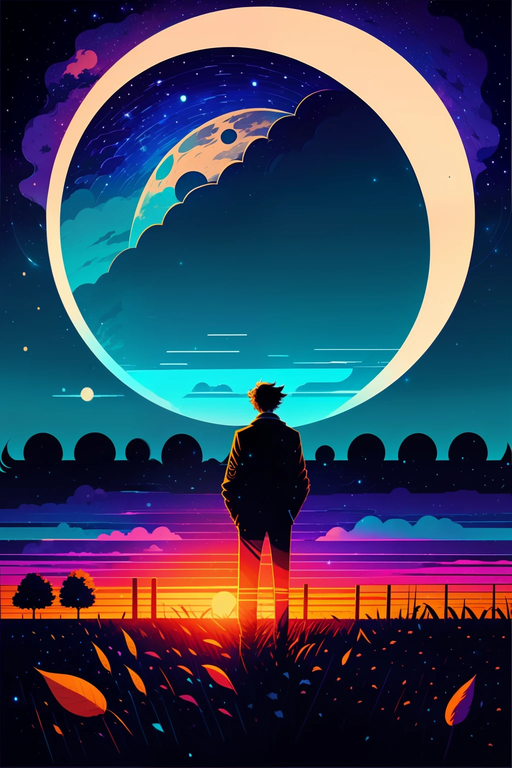 anime art of a man standing in a field with a giant moon in the sky, background art, jen bartel, quiet night. digital illustration, background art, lofi art, detailed sky, lofi art style, anime background art, anime sky, sky, night sky, in the style of dan mumford's artwork, anime background, colorful skies