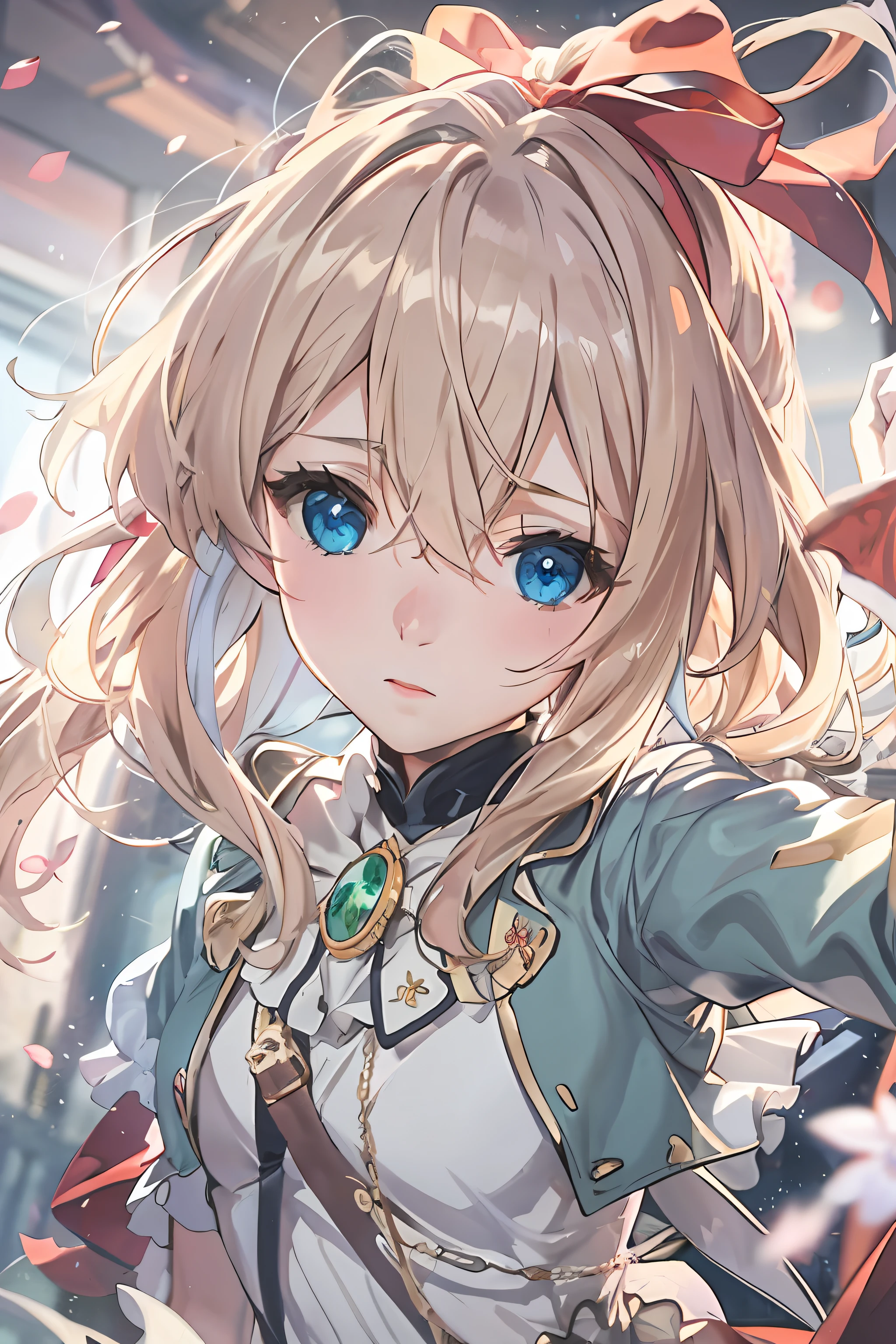 (Dynamic Angle: 1.3), Wind, Movie Highlight, Tyndall Effect, 1 Girl, Upper Body, Arms Up, Look at the Audience, Extreme Close Up, violet_evergarden, Solo, Jewelry, Expressionless, Brooch, blonde_hair, ( Vevry Long Hair: 1.2), messy_hair, Floating hairlong_sleeves, Ribbon, blue_eyes, Jacket, Dress, Gemstone, hair_ ribbon, sky, depth_of_field, flower fields, fluttering petals