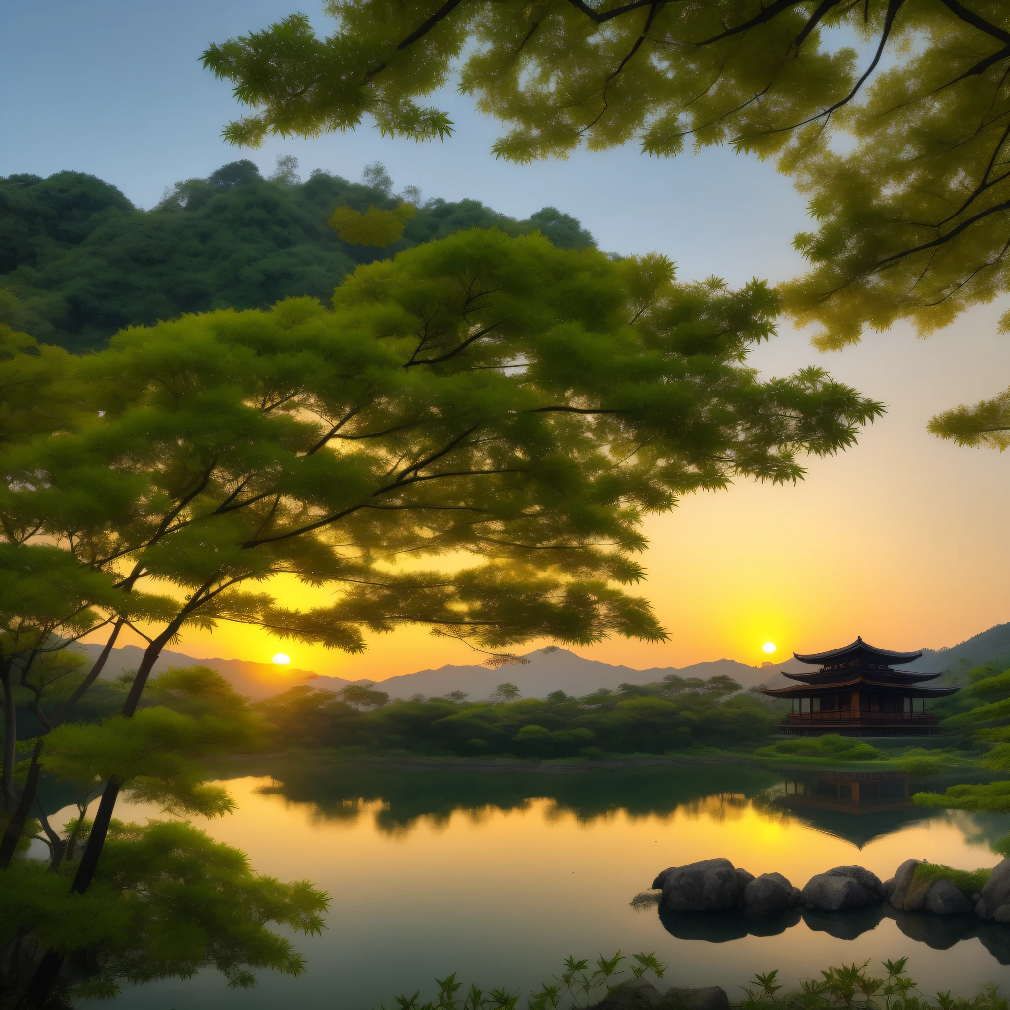 Pure landscape view,vale、Independent Takeya、Sunset Villa、It was raining lightly outside、bamboos、Maple leaves、Heal the beautiful landscape。evening light、Beautiful artistic conception、the sunset、precipice、Emerald green beauty、Clearly visible small fish