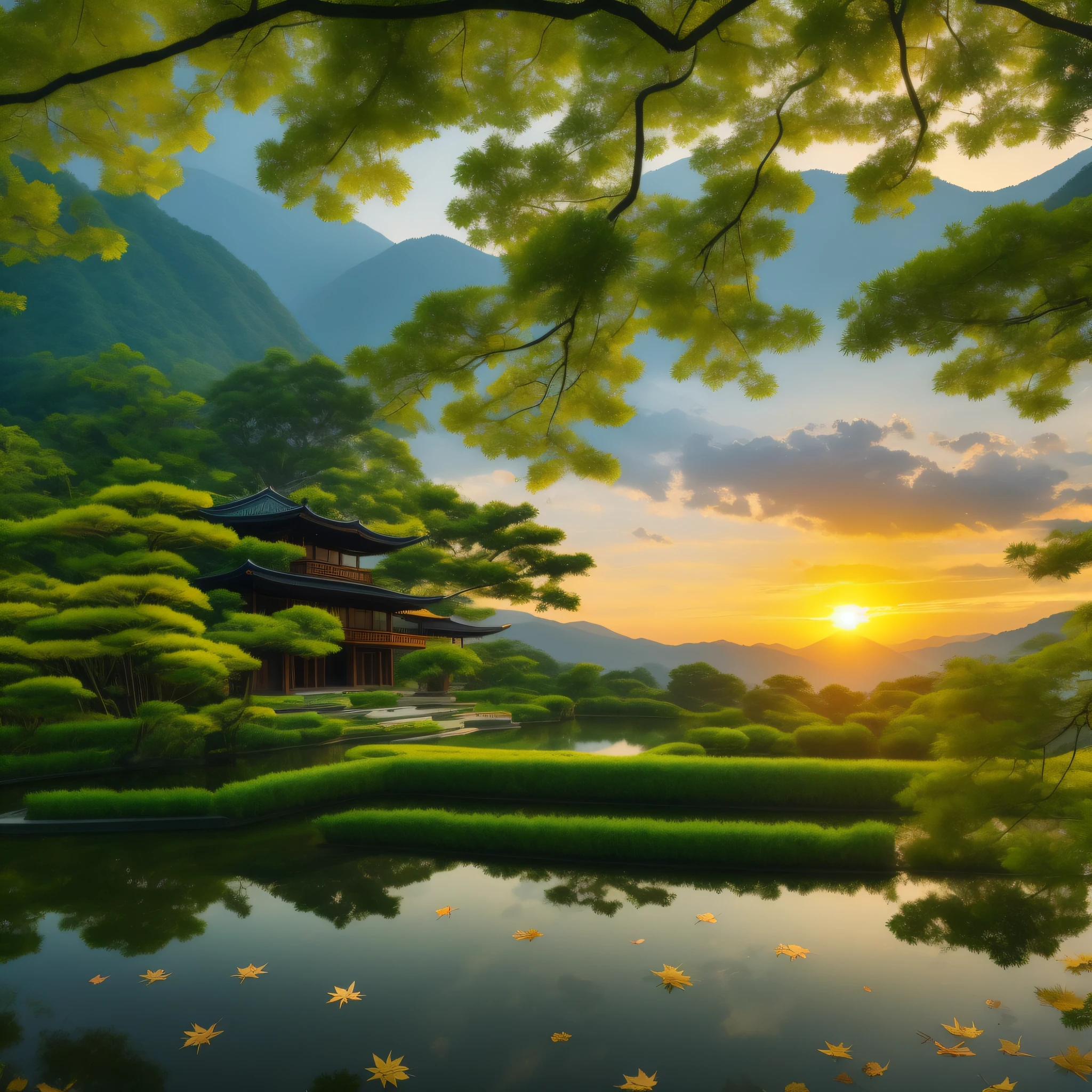 Pure landscape view,vale、Independent Takeya、Sunset Villa、It was raining lightly outside、bamboos、Maple leaves、Heal the beautiful landscape。evening light、Beautiful artistic conception、the sunset、precipice、Emerald green beauty、Clearly visible small fish