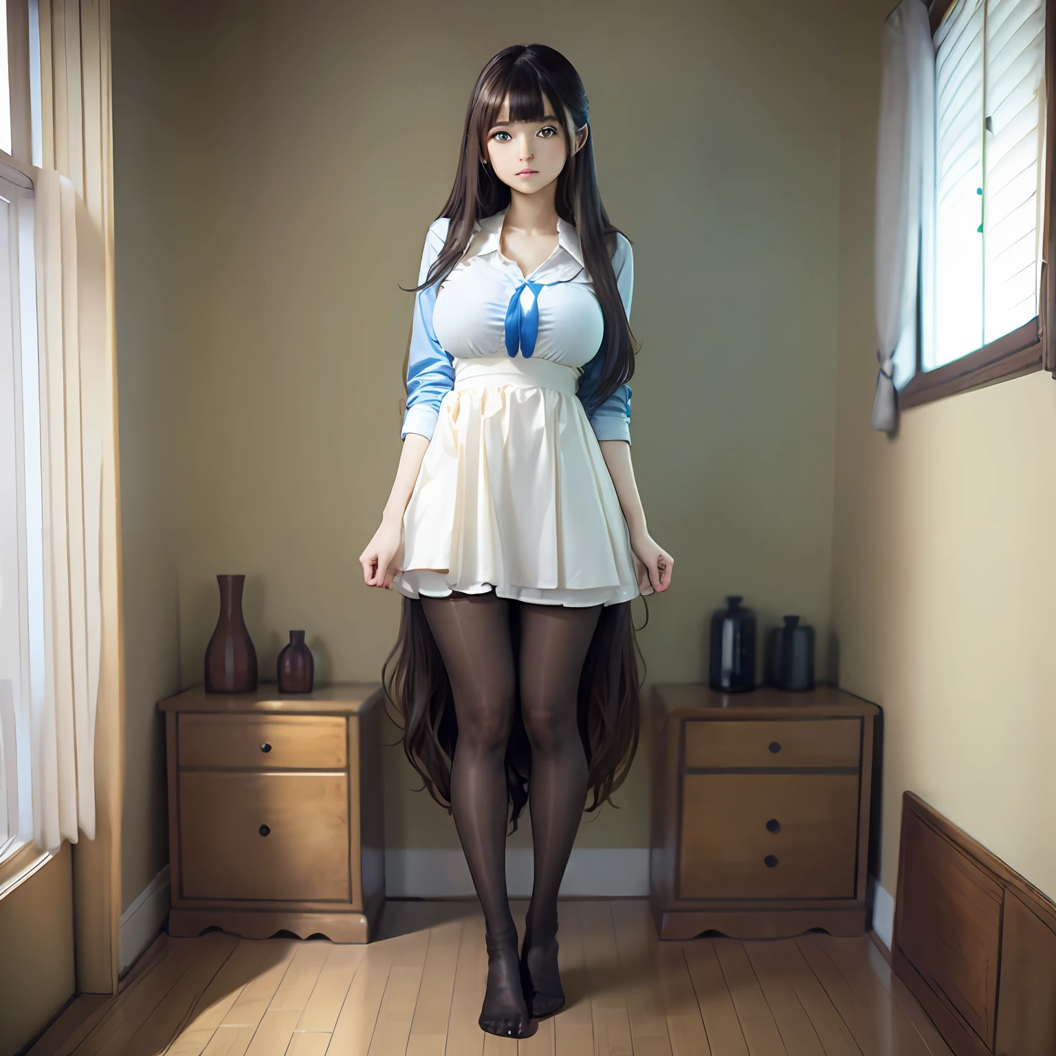 Full body view, feet in view, (((Masterpiece, Excellent)), 3girl, solo, long hair, brunette hair, *//*, blue eyes, *//* , white shirt, pantyhose, no shoes, big breasts, full body, , long white legs