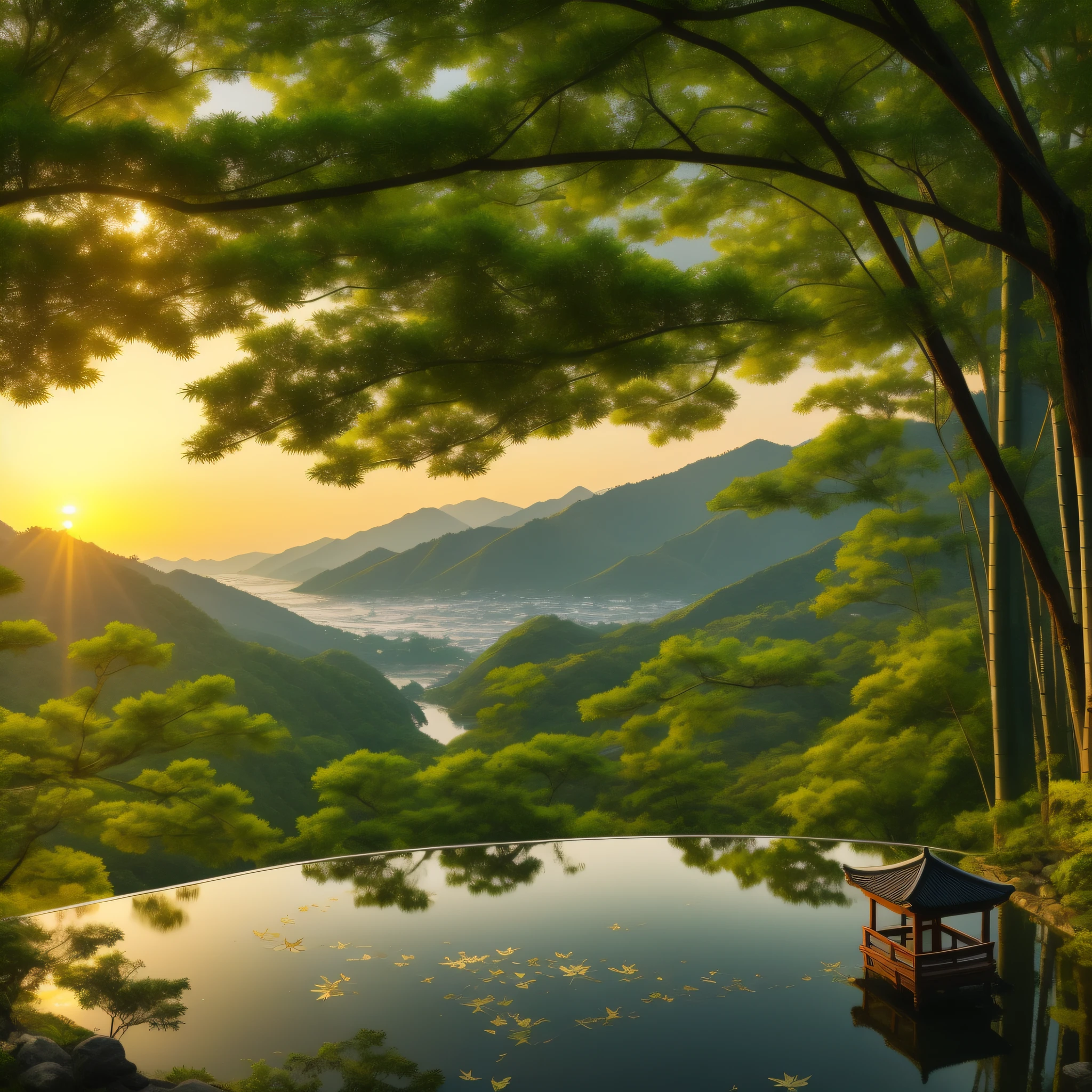 Pure landscape view，vale、Independent Takeya、Sunset Villa、It was raining lightly outside、bamboos、Maple leaves、Heal the beautiful landscape。evening light、Beautiful artistic conception、the sunset、precipice、Emerald green beauty、Clearly visible small fish