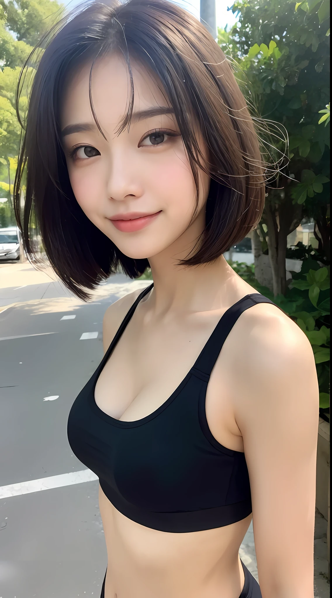 ((Top Quality, 8k, Masterpiece: 1.3)), Sharp Focus: 1.2, Perfect Body Shape Pretty Woman: 1.4, Slender Abs: 1.2, (Layered Haircut, Big: 1.8), (Sports Bra: 2.0), (Jogging: 1.8), (Street: 1.2), Highly Detailed Face and Skin Texture, Detailed Eyes, Double Eyelids, Smile, Bokeh,