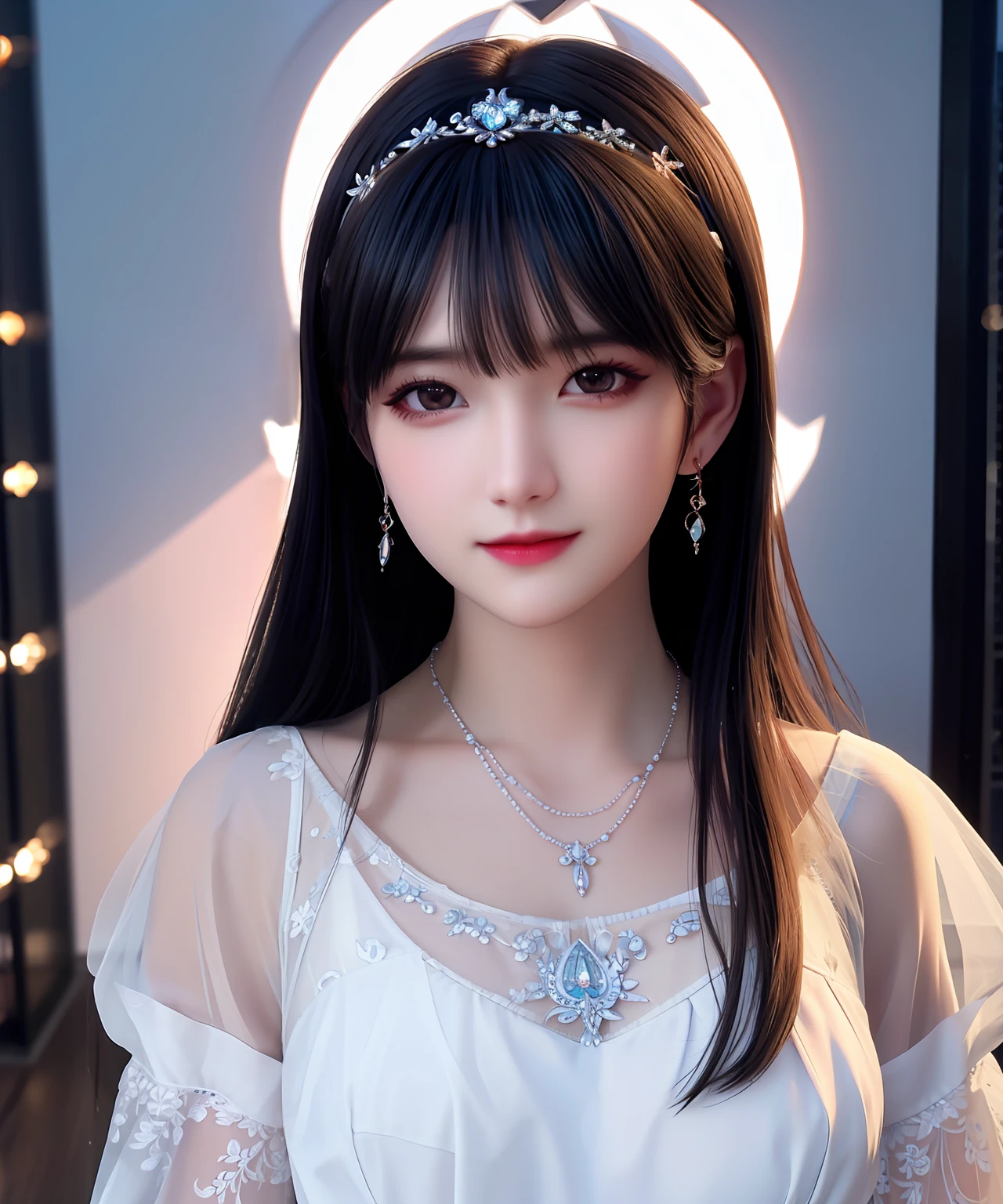 Best quality, masterpiece, high resolution, 1girl, porcelain dress, hair accessories, necklace, jewelry, beautiful face, on the body, Tyndall effect, realistic, dark studio, edge lighting, two-tone lighting, (high detail skin: 1.2), 8k UHD, dslr, soft light, high quality, volumetric light, candid, photo, high resolution, 4k, 8k, background blur,