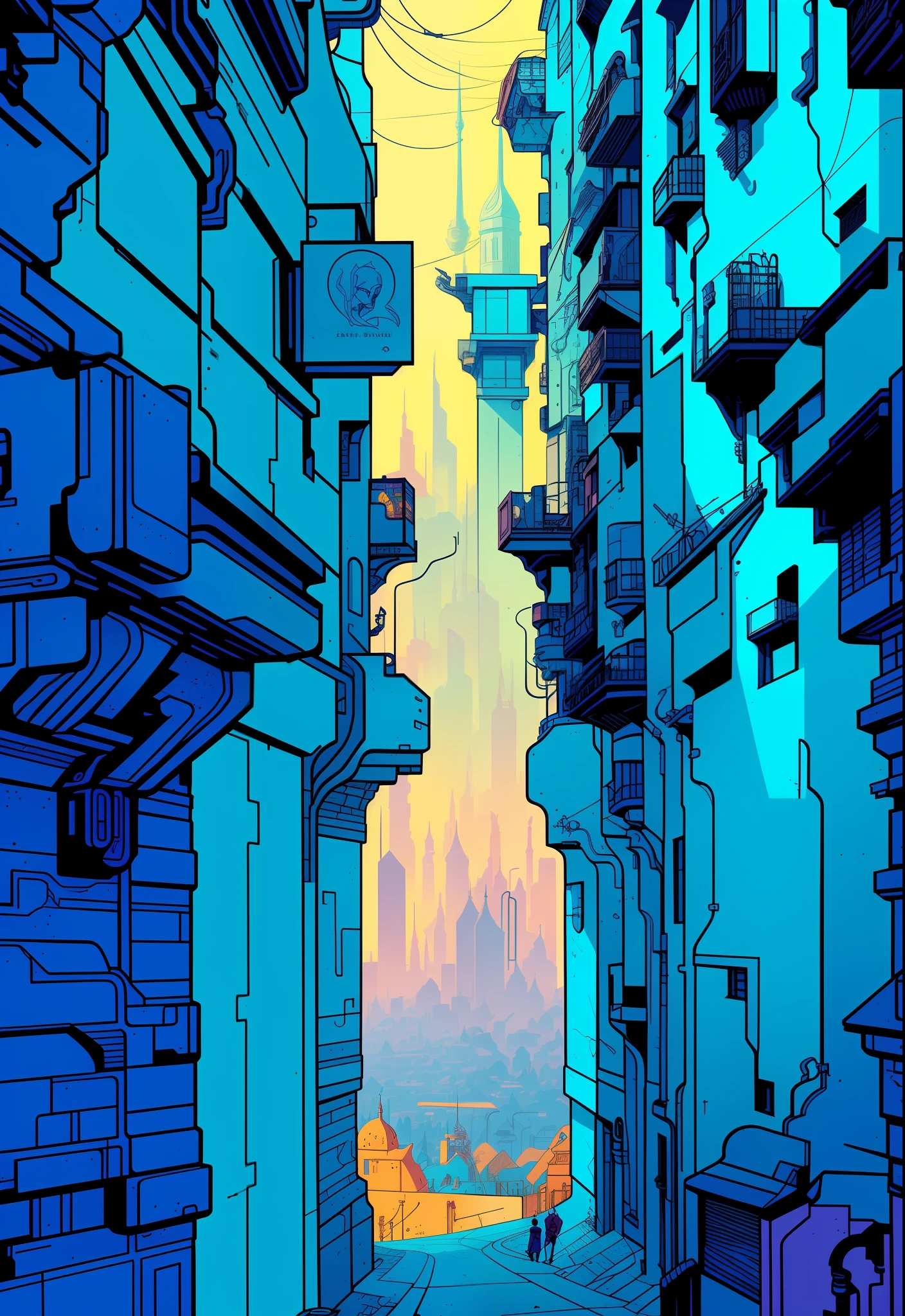 There is a picture of a city street with a bell tower, kilian eng vibrant colours, kilian eng vibrant colours, author:kilian eng, inspired by Kilian Eng, moebius and kilian eng, kilian eng. Moebius, Moebius. Rich colors, low details. Digital painting, Beeple e Jean Giraud