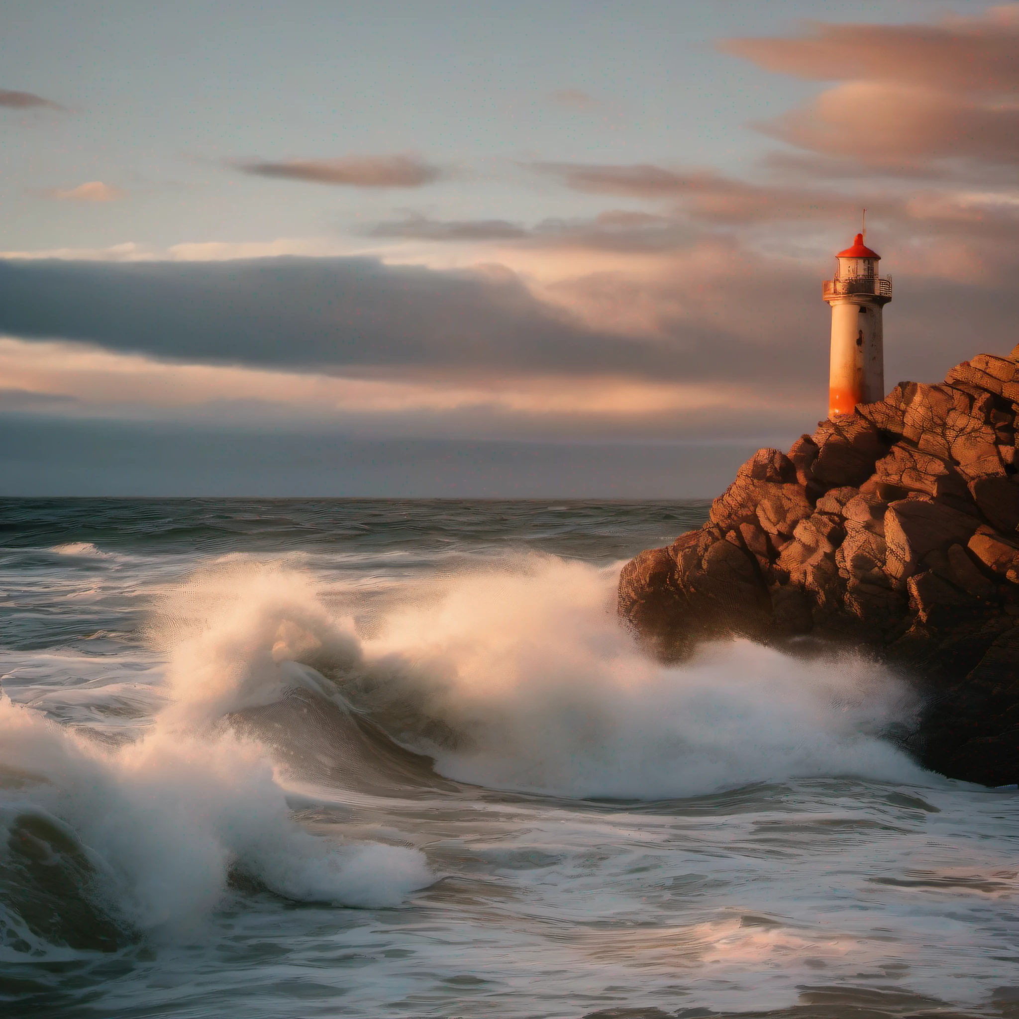 "Vintage film photography of a solitary lighthouse at sunset. Warm orange and red tones dominate the sky, casting long shadows and highlighting the rugged textures of the structure. Waves crash against the rocks at the base, creating a dynamic contrast between the tranquil sky and the turbulent sea. Capture this with a classic Nikon FM2, using Kodak Ektar 100 film, at f/16 for depth of field, 1/250 shutter speed to freeze the wave motion."