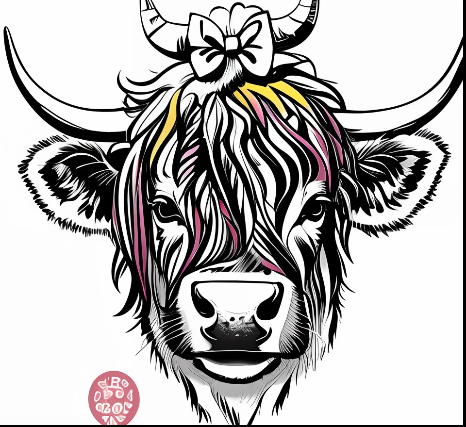 There is a cow with a bow and sunglasses on his head, taur, face of an ox, Animal-style heads, cow, “portrait of a cartoon animal, cow head, girl design lush horns, A cow, XQ cows, in style of digital illustration, random cows, drawn with photoshop, animal face, digital art animal photo, detailed digital illustration,Vintage illustration,Retro,Graphic illustration,planar,2D