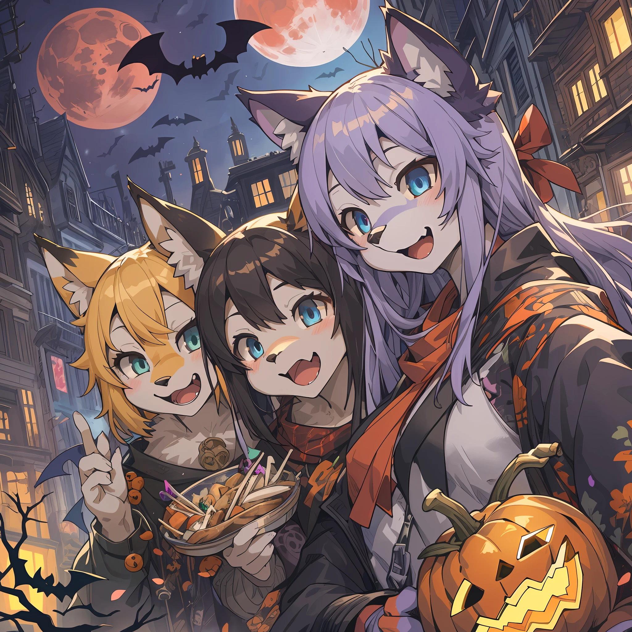 dynamic angle, top quality, best quality, High-quality illustrations, masterpiece, super high resolution, detailed background, detailed background, Halloween, red moon, wasteland, party, the bats, group shot:0.1, 6+boys, 6+girls, Happy, joyful, absurdres(highly detailed beautiful face and eyes)perfect anatomy(kemono, furry anthro),