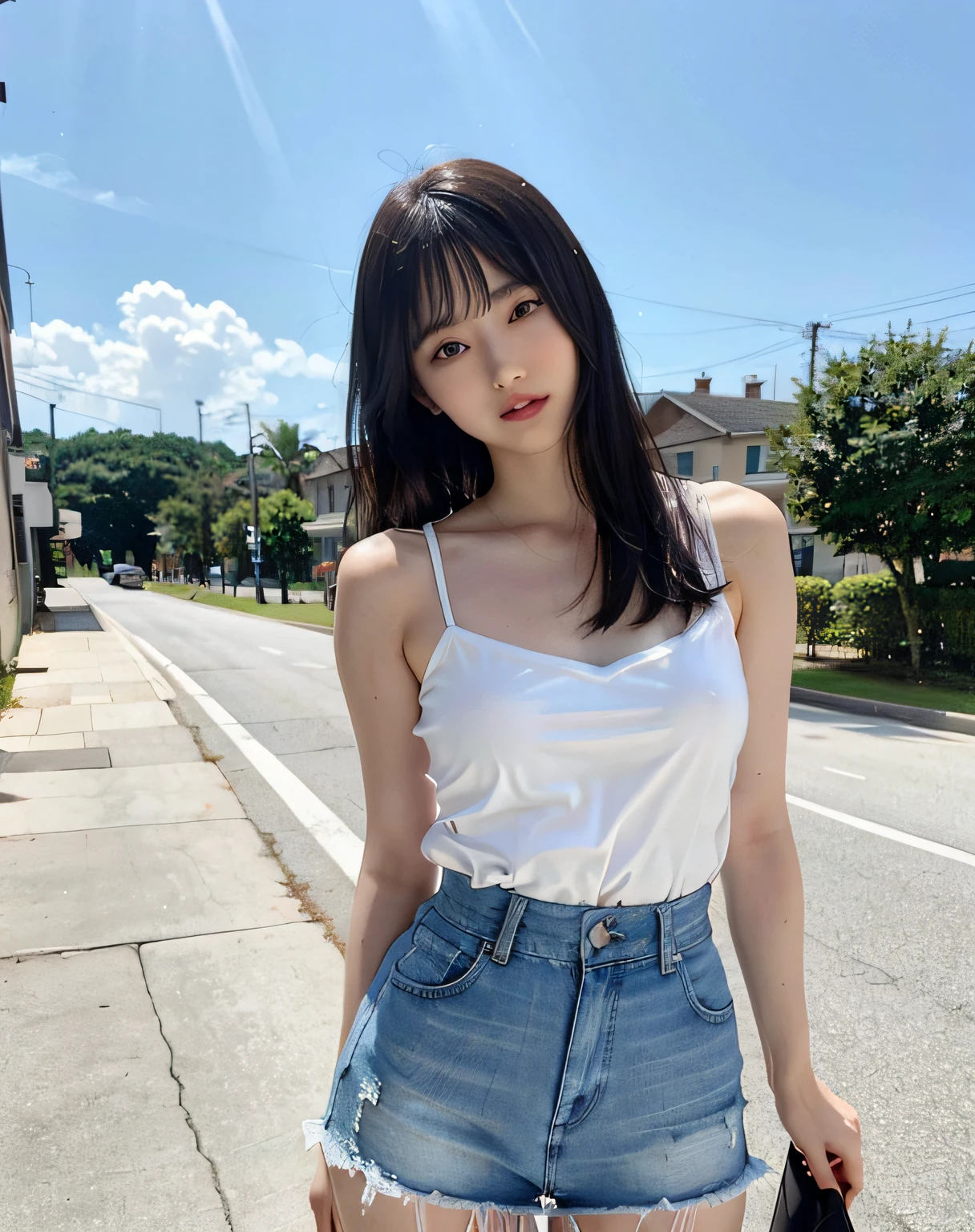 Woman Standing On Street Corner、top-quality、 1 a person、middlebreasts、tag、with light glowing、blur backgroun、bokeh dof、outside of house、(Street:0.8)、(a person々、Large crowds:1、A slender、large full breasts、Sleeveless、White camisole、Clothes that adhere perfectly to the body、Watching the viewer、Denim miniskirt、Damage pants、a gorgeous(Floating hair、long、Hair to the waist 1:1.2、Forehead:0.8)、Beautiful sky with details、耳Nipple Ring、A slender、Sareme、 (above knee)、Soft lighting、the wind、glowy skin、Keep your mouth shut、Do not show your teeth、Pale Face、Watching your audience、The wind is blowing、
