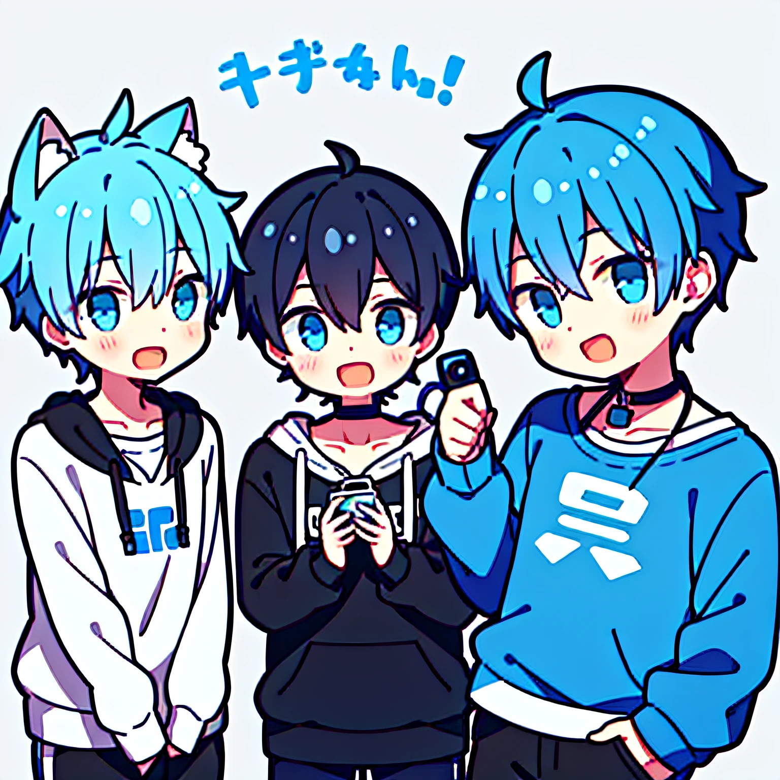 1boys，blue short hair，Blue and white cat ears，Black and white sweatshirt，Earphone，coda，laughingly