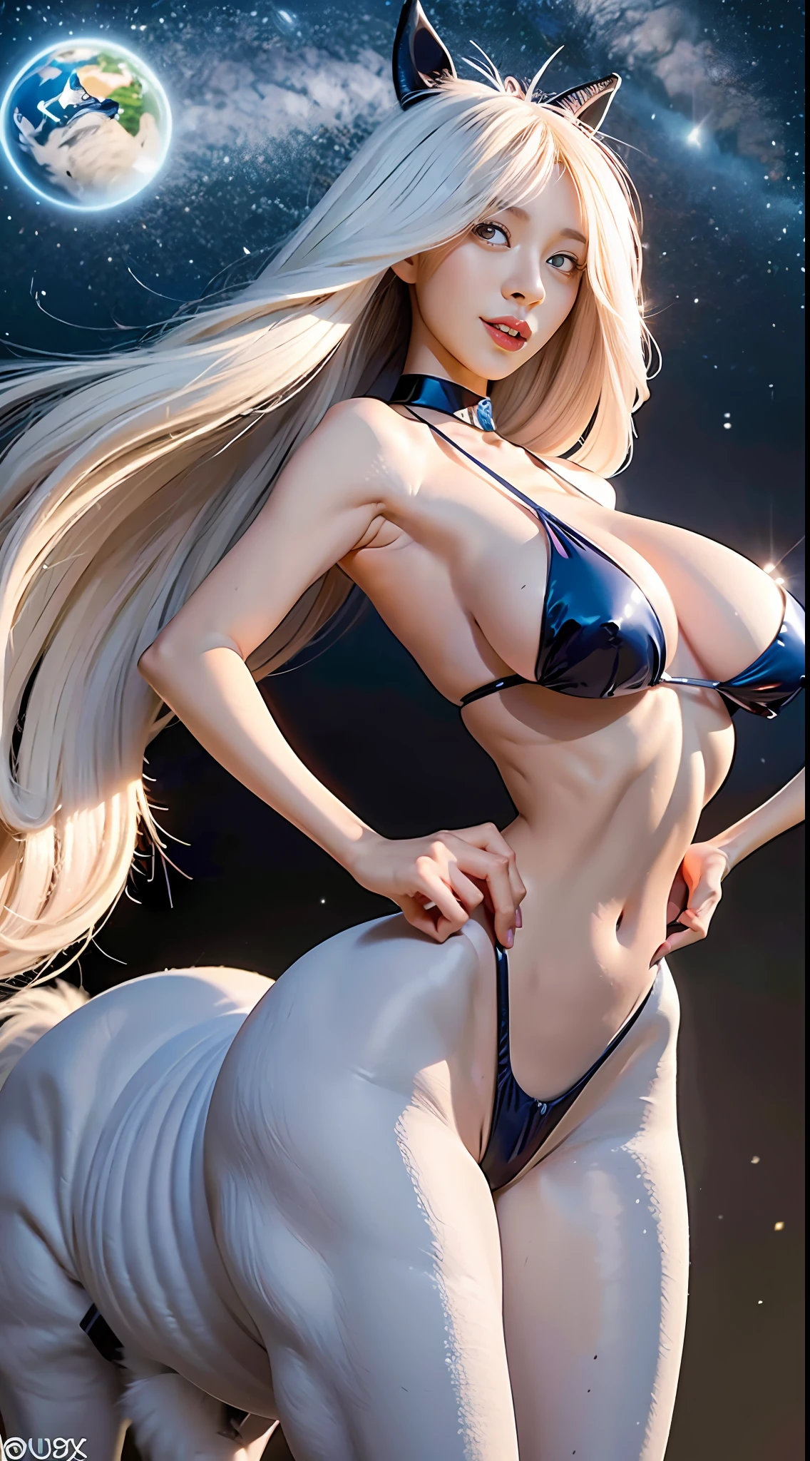 A female centaur，She is famous in the multiverse，She is both a female centaur, half human, half horse, half horse，It is also a female Yingzhao，Her image blends，The head, neck and shoulders of the horse are transformed into beautiful female humans, females, half-centaurs, half-horses, half-humans, half-humans, and human human upper bodies，and a chimera of a female half-horse with a beauty in the female body of the horse's belly，It's like a female human wearing a half-horse-like costume and making a seamless chimera，This chimerization is based on powerful futuristic technology。The ultra-wide-angle lens captures the graceful and ethereal image of her light wings charging and jumping on the ionosphere。Her front half is a tall, sexy body with obvious feminine characteristics，Has K cup teardrop-shaped giant tit chest，Small man-waisted butterflies span long legs，The half-horse of the back half of the body is embedded in the front half of the body at the hip position，The horse-shaped half-horse torso form of the back half of the body is completely female and humanized，From the upper end of the sternum, the sexy bent dog style shape of the chest cavity embedded in the lower back position of the beauty body is placed transversely，Then there are the sexy beauty's horizontal waist and abdomen and straight hips，Her entire body has been completely feminized，Includes the half-horse part of the hind body，Mechanized armor covers the knee-shaped anti-joints and feet，And these parts are highly anthropomorphic，This gives her legs a graceful and slender line，She has four slender legs like a supermodel，Under the legs are skinny white feet dressed in Skyscraper Heels，Use Midjourney's advanced stroke tools and color palettes, as well as texture packs, model packs, and texture tools，Concentration，Femaleize all parts of her original equine physiologic appearance，And give these parts an ergonomic appearance，Finely treat the details of tight connections on the structure of the chest, abdominal