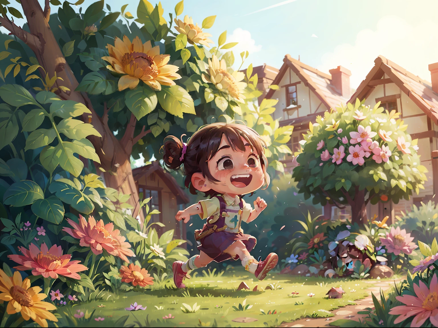 A 6-year-old girl is running in a garden, she is wearing gardener's clothes, is happy, laughing, perfect quality, clear focus (mess - house: 0.8), (masterpiece: 1.2) (Realistic: 1.2) (Bokeh) (Best quality) (Detailed Skin: 1.3) (Intricate Details) (8K) (Eye Detail) (Sharp Focus), (Happy)