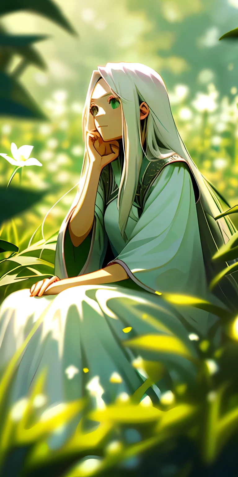 (masterpiece, best quality),1girl with long white hair sitting in a field of green plants and flowers, her hand under her chin, warm lighting, white dress, blurry foreground