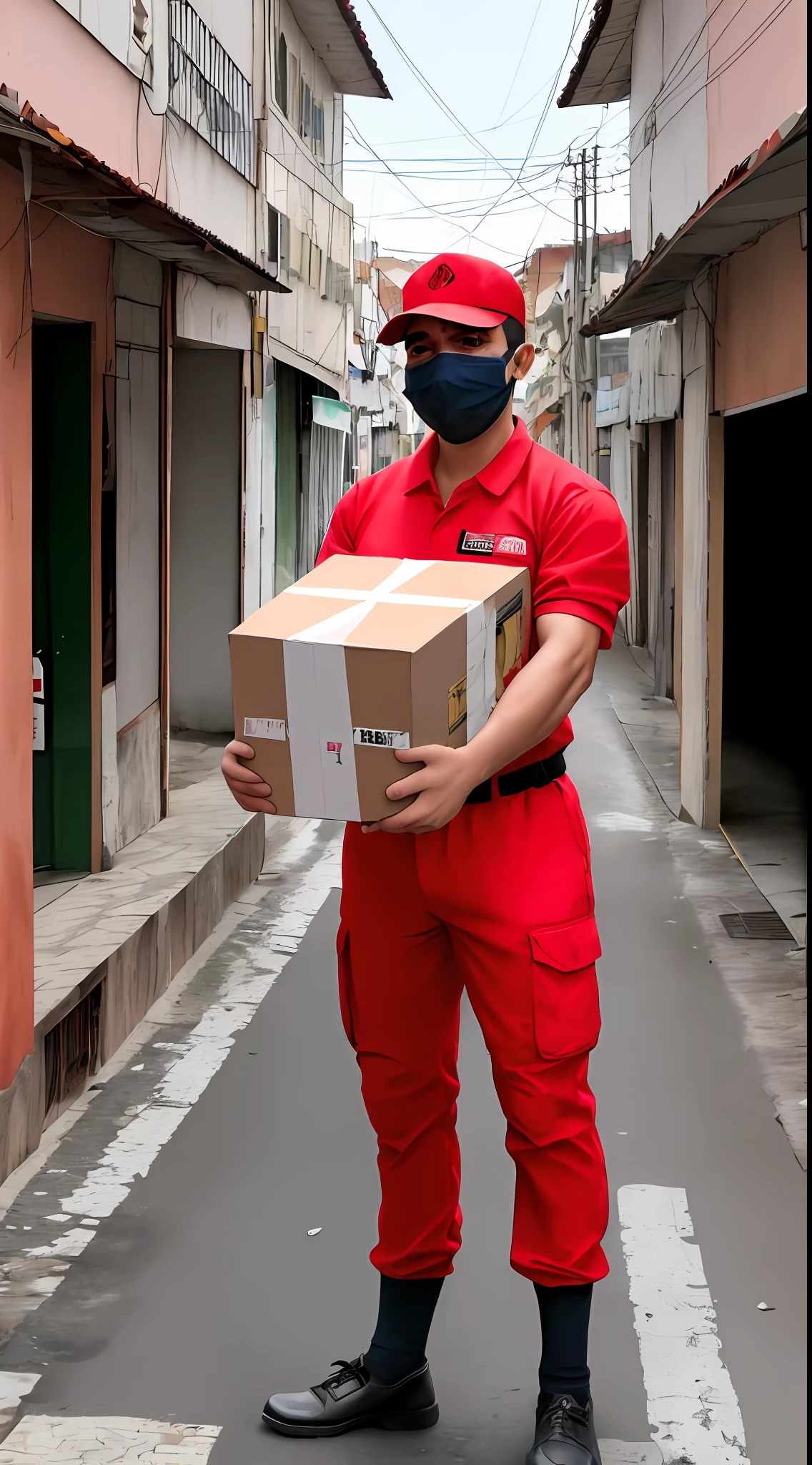 Homem delivery com roupas e capacete em tons de vermelho e cinza, na.rua, segurando uma encomenda