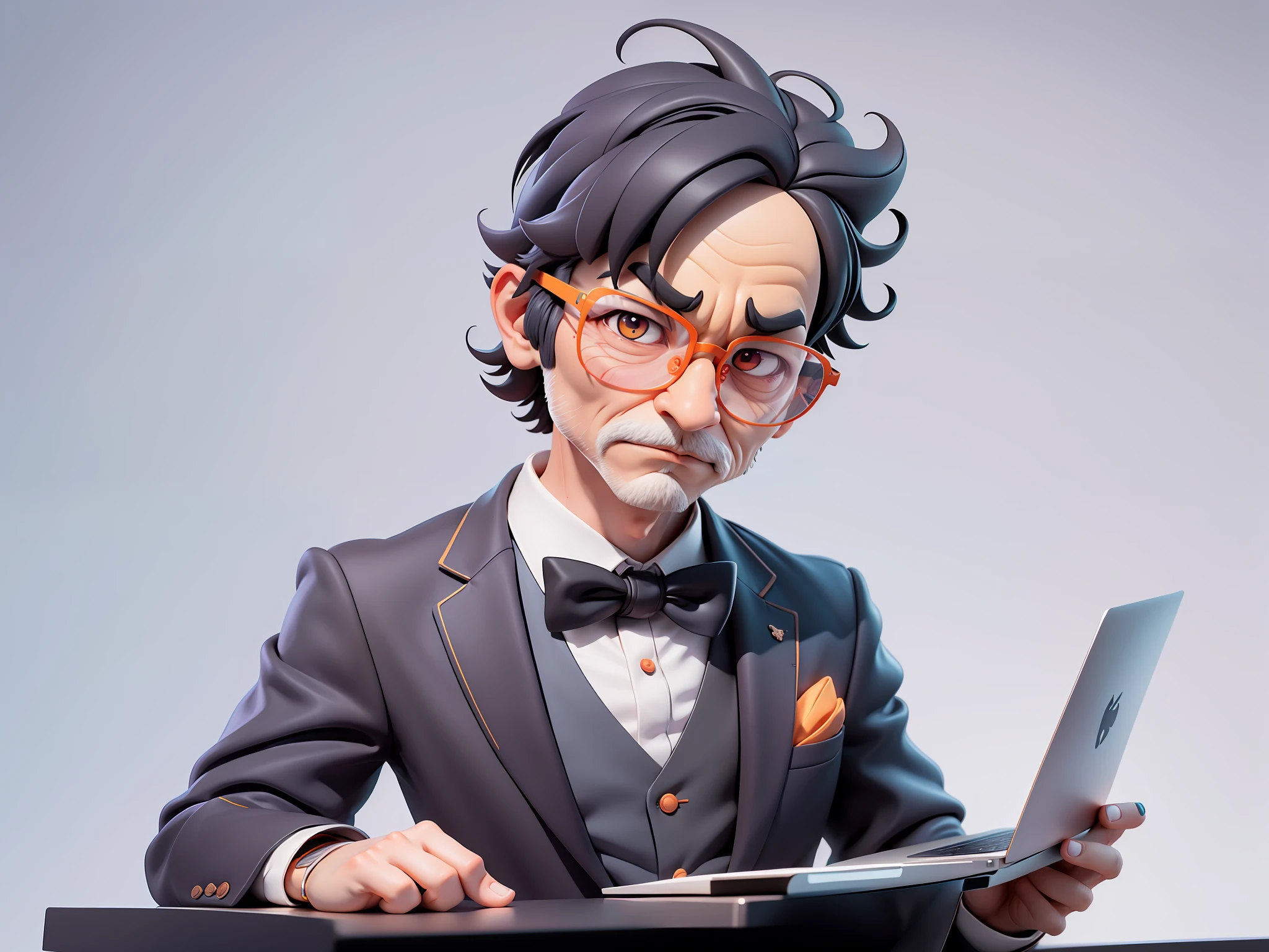 A young man in formal clothes,Short hair and glasses,Sitting at your desk,holding laptop,digitial painting,cartoonish style,4K HD illustration,Very detailed facial features,tigre,Mark Clairdon,by Pixar,3D character design:Hayao Miyazaki and Akira Toriyama, Cartoon-style visuals。