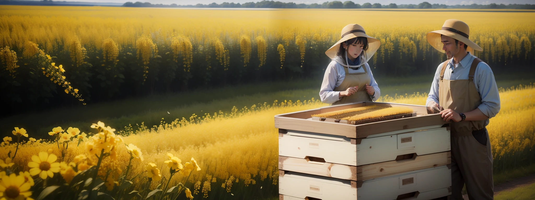 Beekeeping couple、Bees fly、rapeseed blossoms、blue-sky、Rustic,high definition detail、Soft light、Photoreal