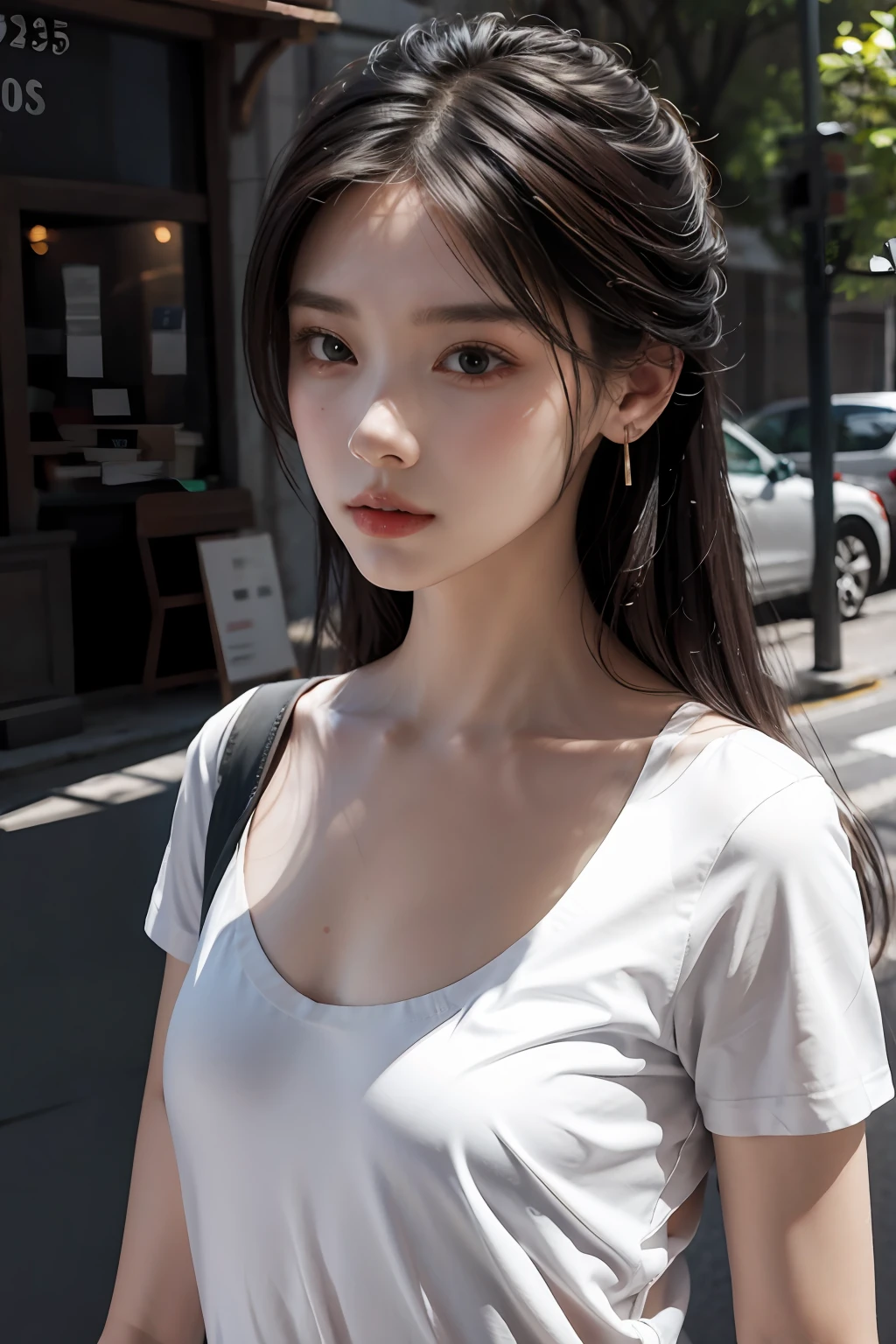 best qualtiy，tmasterpiece，超高分辨率，（Realistis：1.4），RAW photogr，1个Giant Breast Girl，long whitr hair，Light makeup，cparted lips，tiny ears，White T-shirt，denim short，slim，realisticlying，at the street side