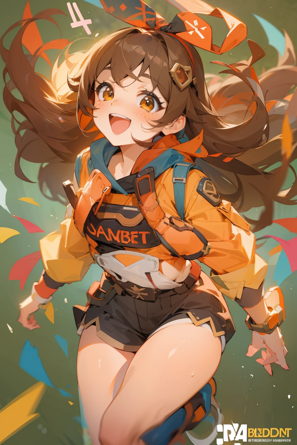 Amber, brown hair, colorful, happy, cheerful, bust, perspective, dynamic pose, best quality, high resolution