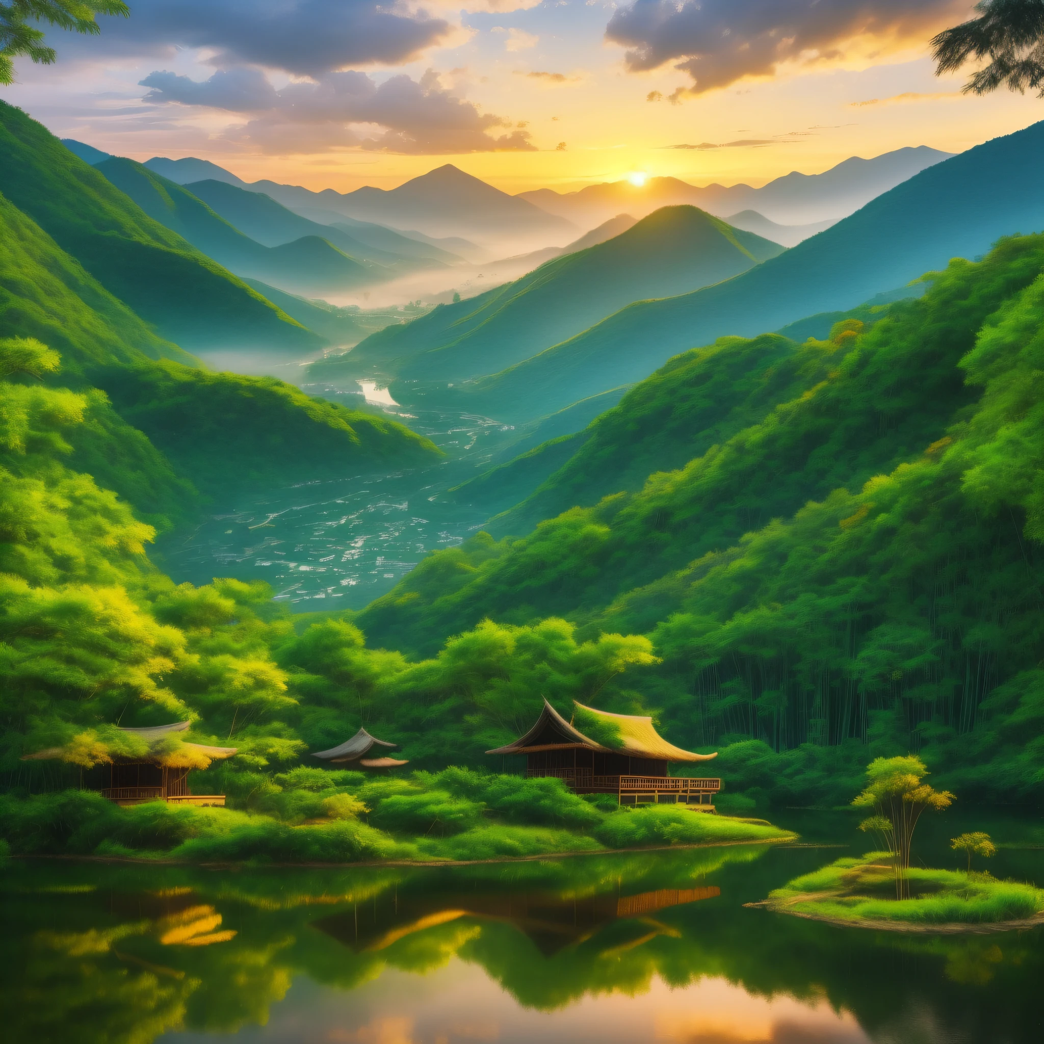 Pure landscape view,vale、bamboo huts、It was raining lightly outside、bamboo forrest、Maple leaves、Heal the beautiful landscape。evening light、Beautiful artistic conception、the sunset、precipice、Emerald green beauty、Clearly visible small fish、Cold winter scene