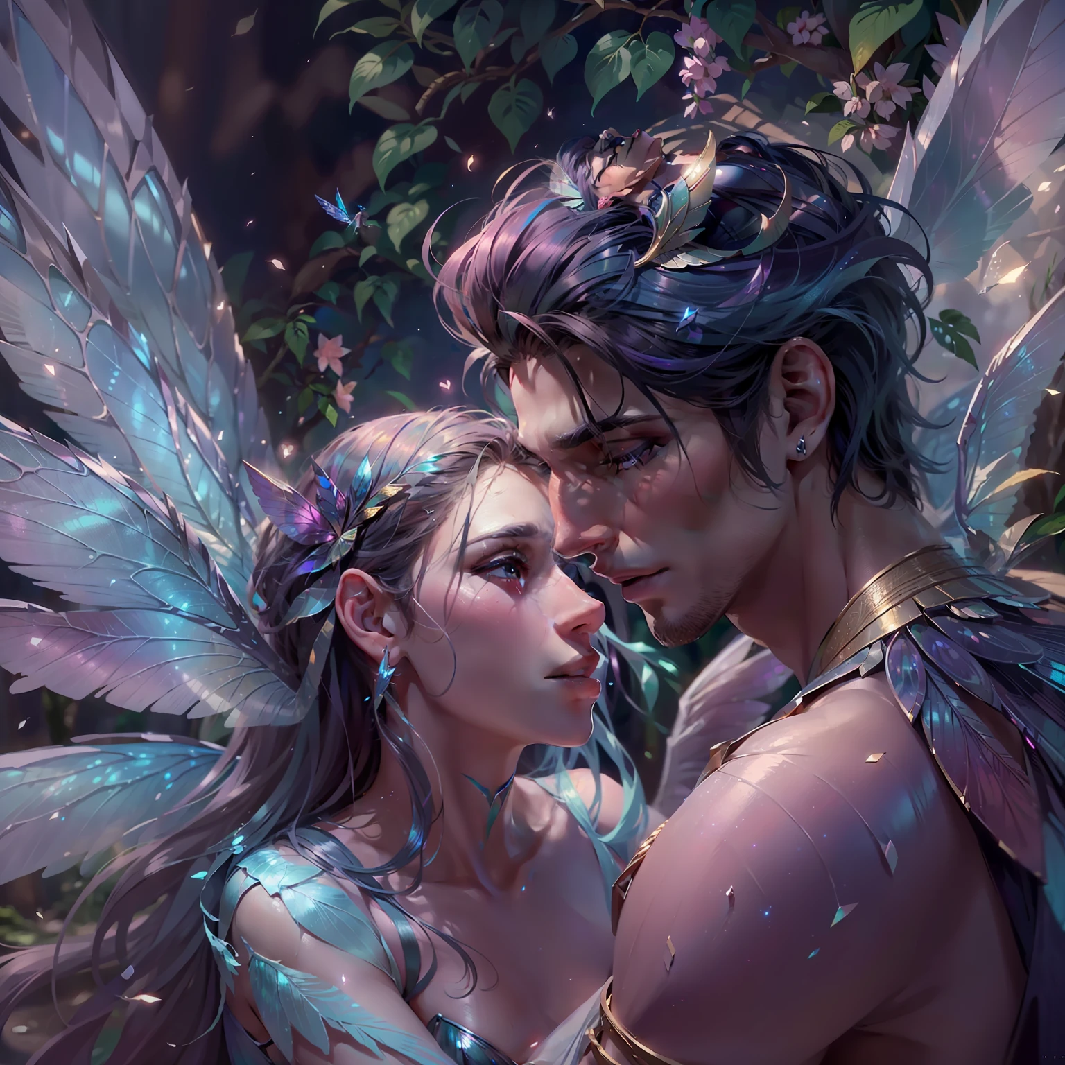 Hyper-realistic depiction of a stunningly beautiful fairy with iridescent wings aiding an injured and handsome human man, causing them to fall in love.