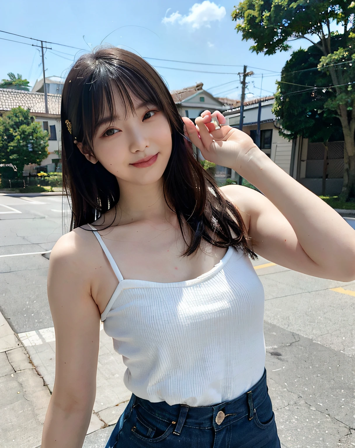Woman Standing On Street Corner、top-quality、 1 a person、middlebreasts、tag、with light glowing、blur backgroun、bokeh dof、outside of house、(Street:0.8)、(a person々、Large crowds:1、A slender、large full breasts、Sleeveless、White camisole、Clothes that adhere perfectly to the body、Watching the viewer、Denim miniskirt、Damage pants、a gorgeous(Floating hair、long、Hair up to the waist、Forehead:0.8)、Beautiful sky with details、耳Nipple Ring、A slender、Sareme、 (above knee)、Soft lighting、the wind、glowy skin、Keep your mouth shut、a smile、The wind is blowing、