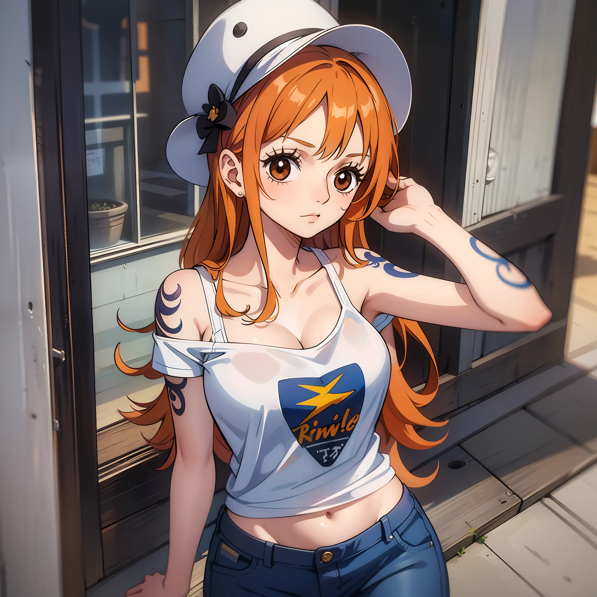 Cute  s,round and brown eyes、Orange hair color、no-bra、Medium Long Straight Hairstyles、Tight stomach、Tattoo of a windmill on the left shoulder、Wearing a white T-shirt、Wearing denim、embarrassed from