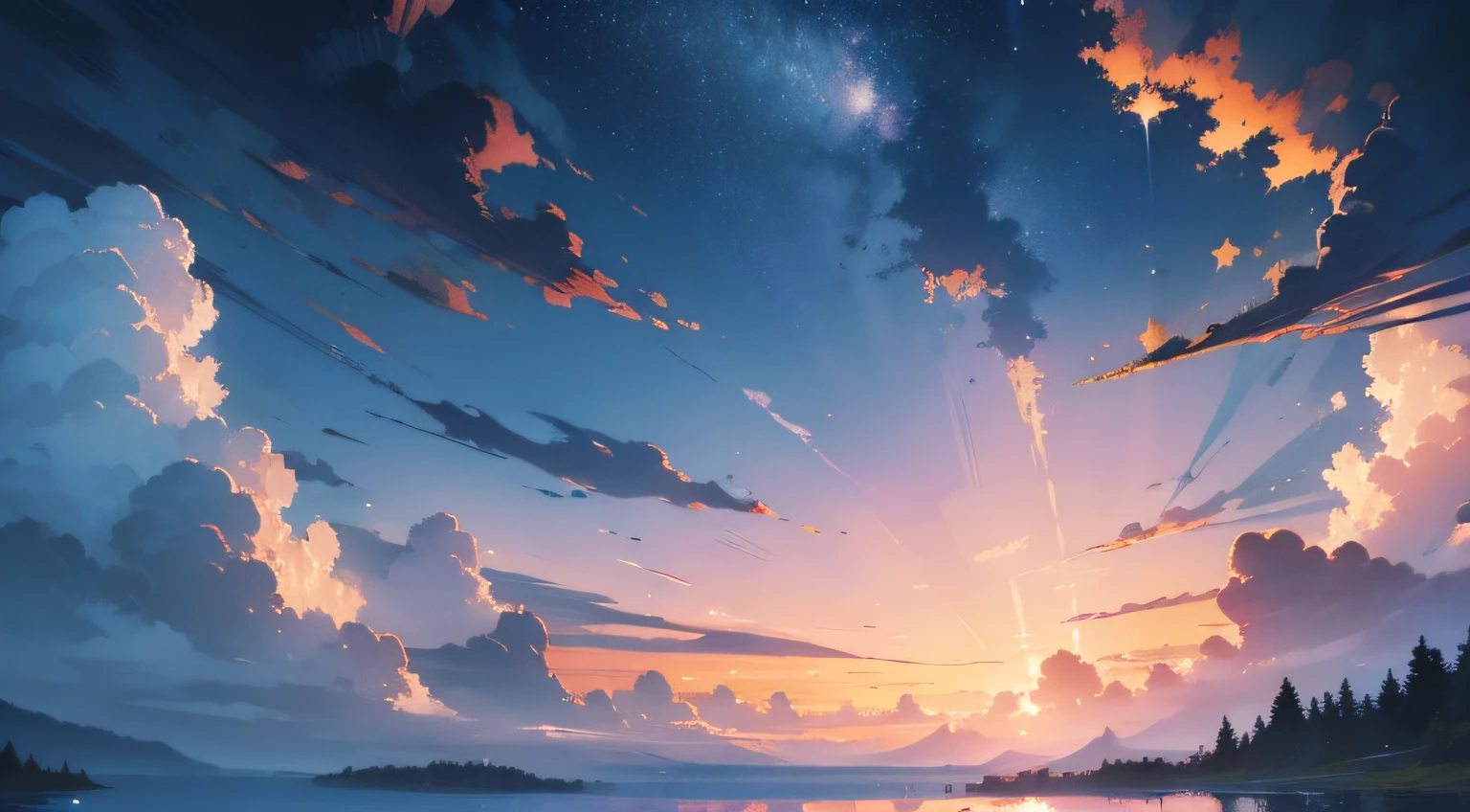 (masterpiece, top quality, award winning, 8k resolution) dusk, landscape, sea of clouds, clouds only, fallen star in the sky