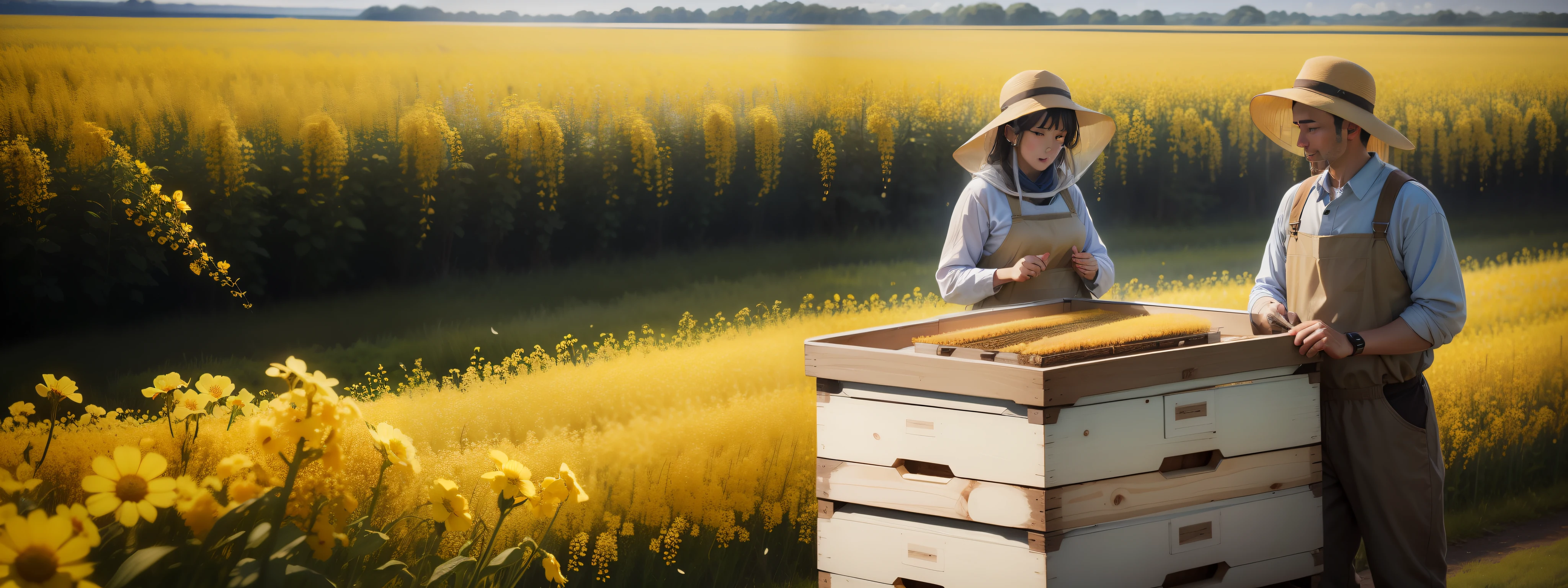 Beekeeping couple、Bees fly、rapeseed blossoms、blue-sky、Rustic，high definition detail、Soft light、Photoreal