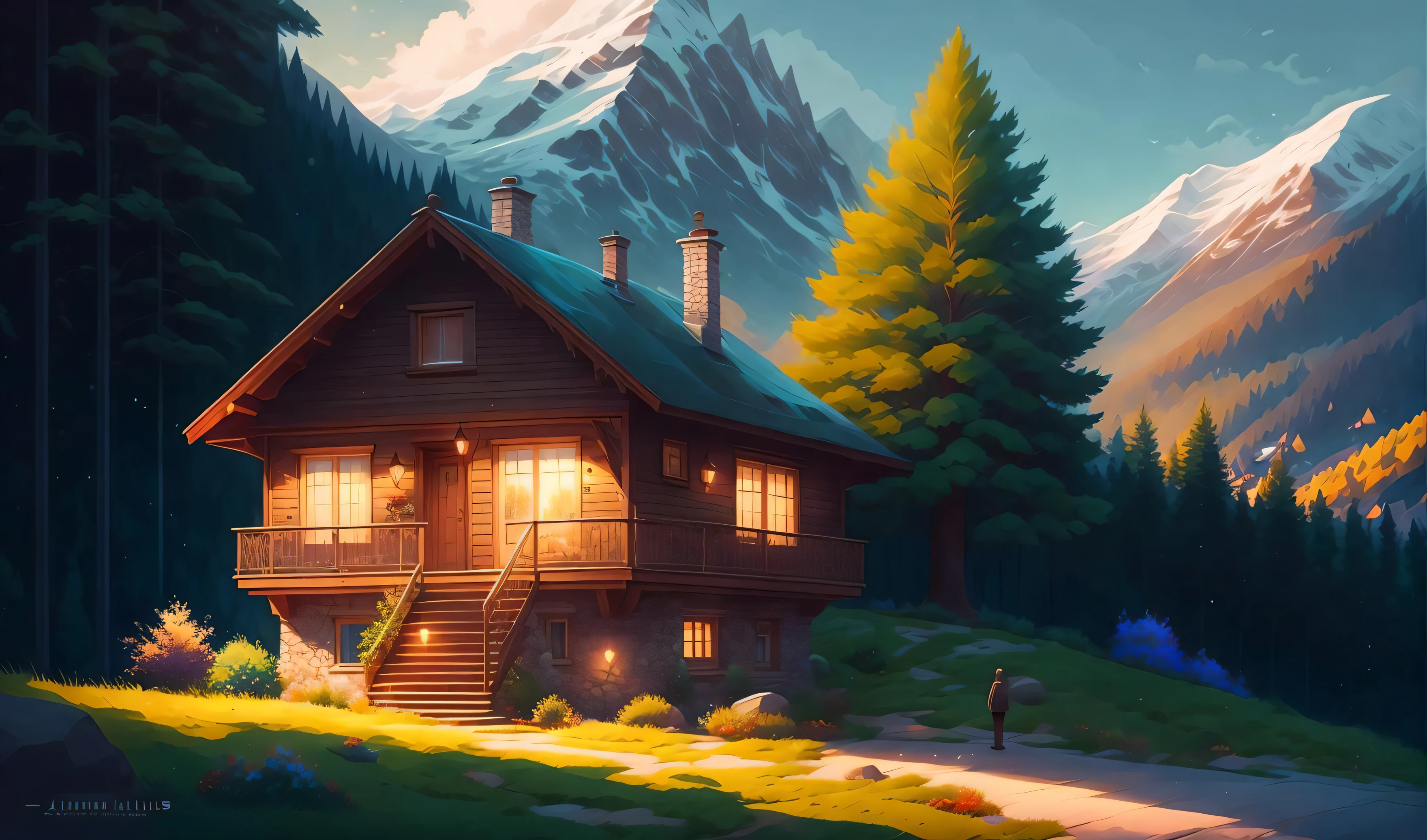 a moment of pure bliss in front of the small house on a mountainside in swiss apls, cory Loftis, James Gillard, atey ghailan, goro fujita, character art, exquisite lighting, clear focus, very coherent, plain background, dramatic painting, spotify Album cover art, GIGANTIC LARGE MEGA Sequoia trees Stranger things netflix, 8k, stunning quality, mesmerizing, HDR10