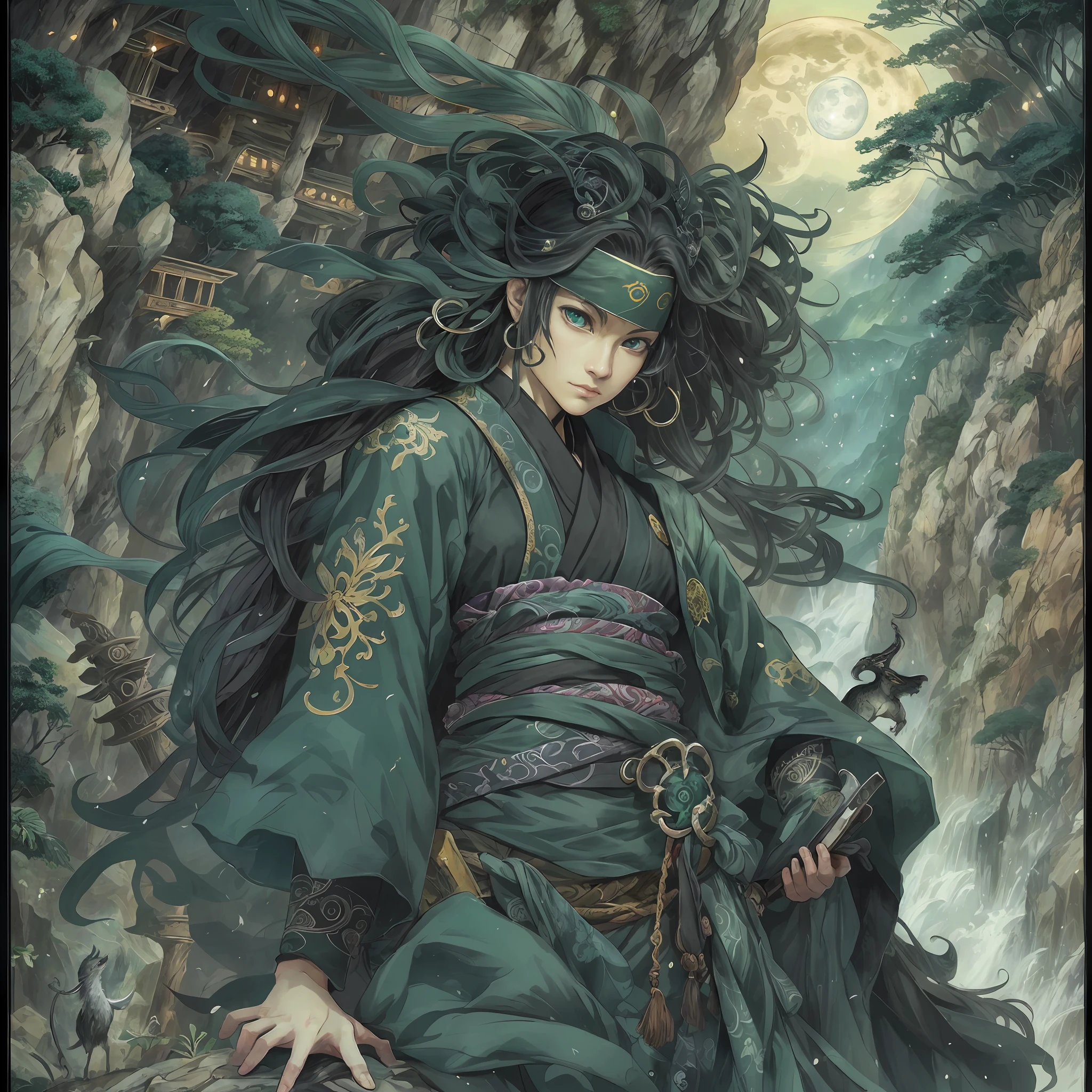 mystic ninja,Detailed face,Detailed eyes,Clear eyes,Gui Zen,Exotic beasts of mountains and seas,Dark green and black details, Loose and thick clothing covers the body,standing on cliff,Bask in the luxury of Yoshitaka Amano in the moonlight,fanciful,sci-fy,the complex background(full bodyesbian),((dynamicposes)),Colorful wallpapers,Highly detailed,Masterpiece,best qualtiy,art stations