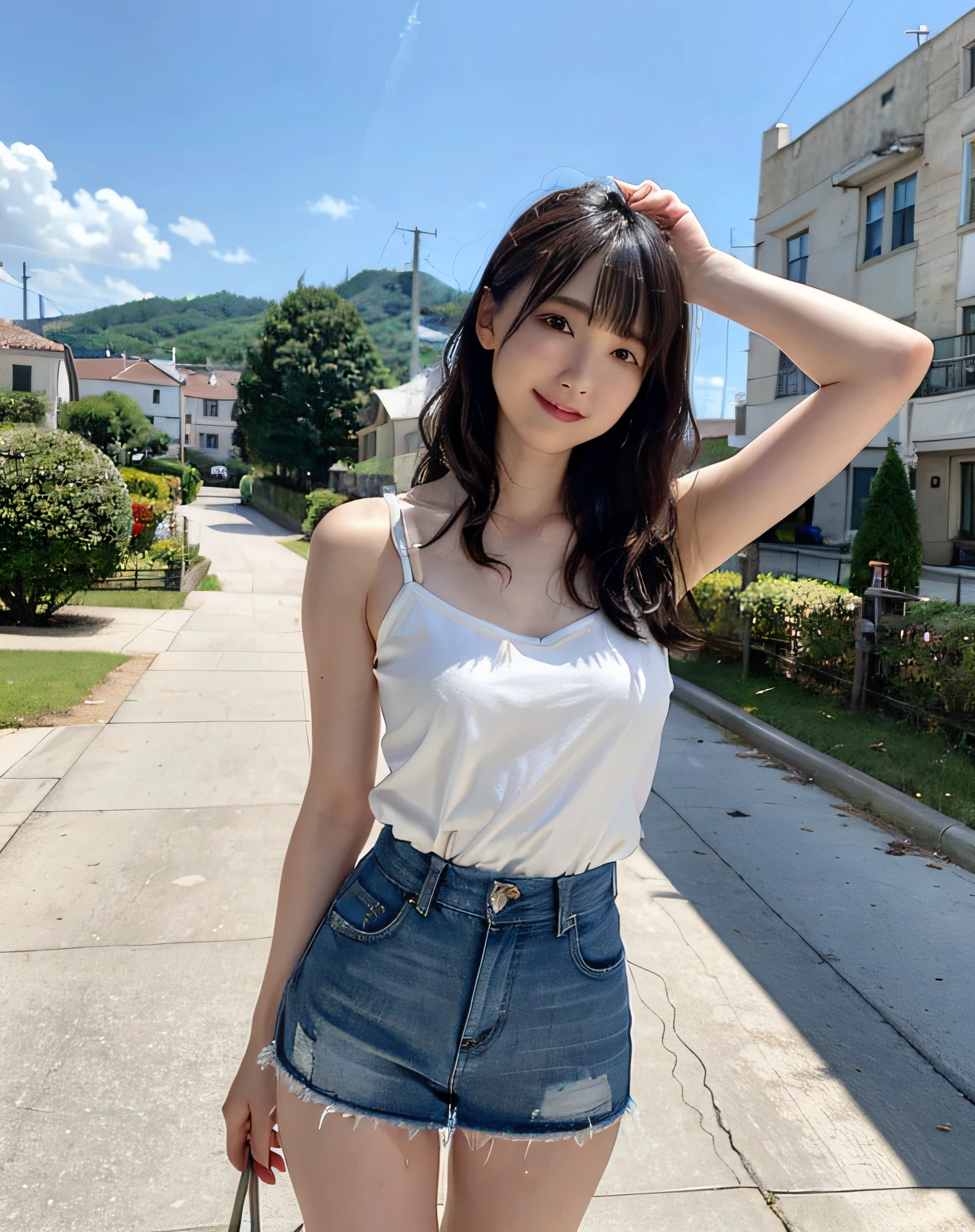 Woman Standing On Street Corner、top-quality、女の子 1 a person、middlebreasts、tag、with light glowing、blur backgroun、bokeh dof、outside of house、(Street:0.8)、(a person々、Large crowds:1、A slender、large full breasts、Sleeveless、White camisole、Clothes that adhere perfectly to the body、Watching the viewer、Denim miniskirt、Damage pants、a gorgeous(Floating hair、long、Hair up to the waist、Forehead:0.8)、Beautiful sky with details、耳Nipple Ring、A slender、Sareme、 (above knee)、Soft lighting、the wind、glowy skin、Keep your mouth shut、a smile、The wind is blowing、