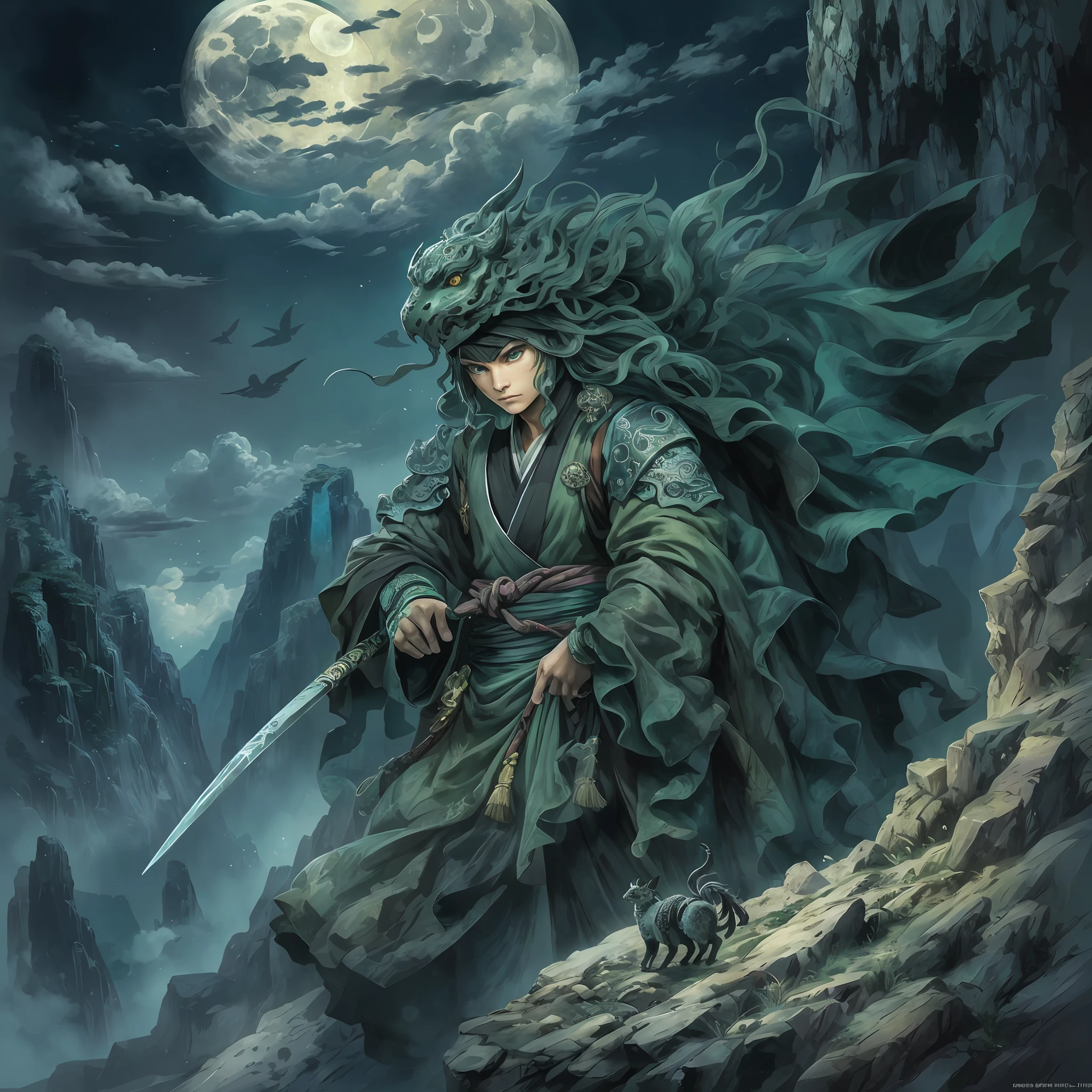 mystic ninja,Detailed face,Detailed eyes,Clear eyes,Gui Zen,Exotic beasts of mountains and seas,Dark green and black details, Loose and thick clothing covers the body,standing on cliff,Bask in the luxury of Yoshitaka Amano in the moonlight,fanciful,sci-fy,the complex background(full bodyesbian),((dynamicposes)),Colorful wallpapers,Highly detailed,Masterpiece,best qualtiy,art stations