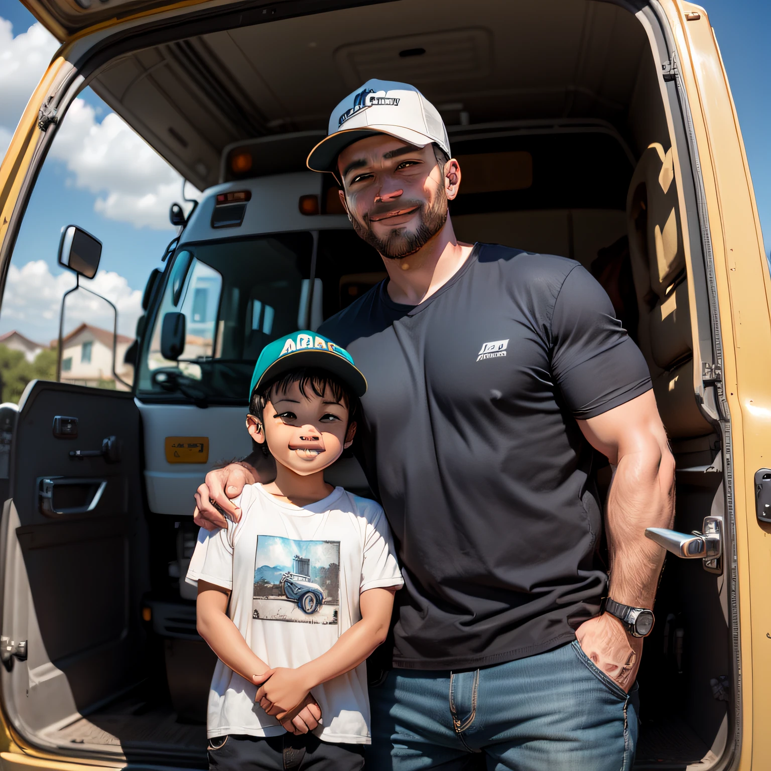Draw a picture of a trucker father and his son posing in front of the truck cab, com sorrisos radiantes.”