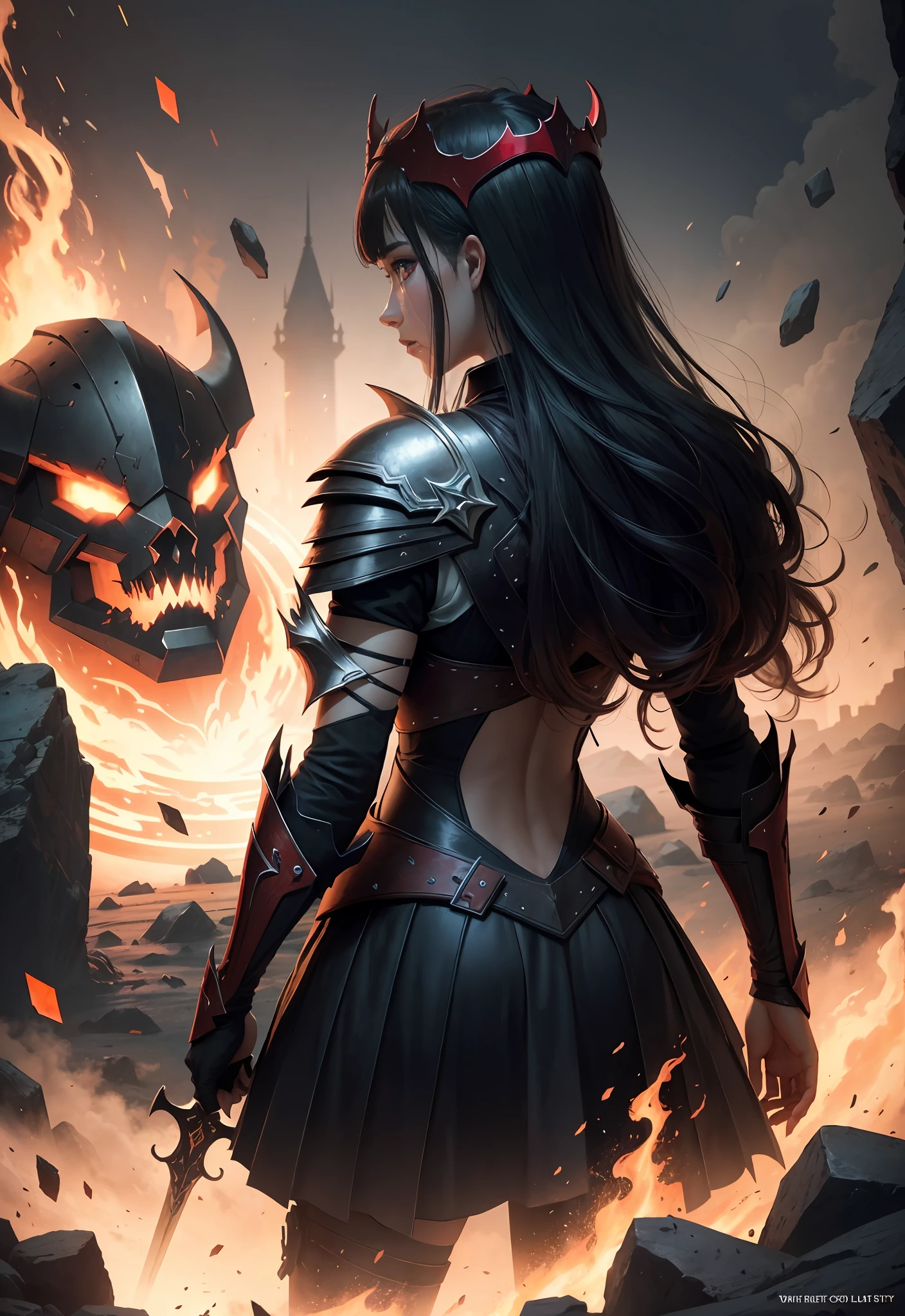 high quality, full shot, subsurface scattering, 1girl, 1men, chromatic lighting, colorized, red + white limited color palette, detailed concept drawing, warrior queen woman, in a devil portal, dark knight, caos, end of world, black hole background, soldiers,fantasy, magic sword, golden crown,red european clothers, from the back, 1girl, slender, giant evil