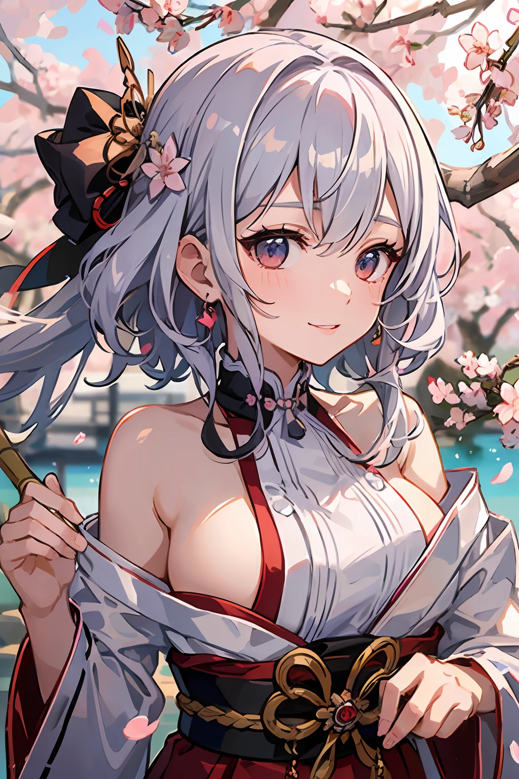 (masterpiece、top-quality、ultra-detailliert、rays of sunshine、电影灯光)、(Japan Anime、)、(Famous idol girls of Japan、)、(Posture like a goddess of Japan、shrine maiden、Priestess costume emphasizing white and red breasts、Red Hakama、)、(dishevled hair、white short hair、poneyTail、Cherry Blossom Hair Ornament、hair pin、)、Holding a bamboo broom、Look at viewers、A beautiful face that captivates the viewer、(Background of the precincts、)、Stand on the ground of pebbles、Floating hair、large full breasts、Beautiful breast slip、Shiny skin、the wind、beautifull hands、Beautiful Finger、An elaborate masterpiece、Intricate details、A detailed face、detailed hairs、Detailed red mouth、Detailed red cheeks、Smile of shame、Under the cherry blossoms with fluttering petals、