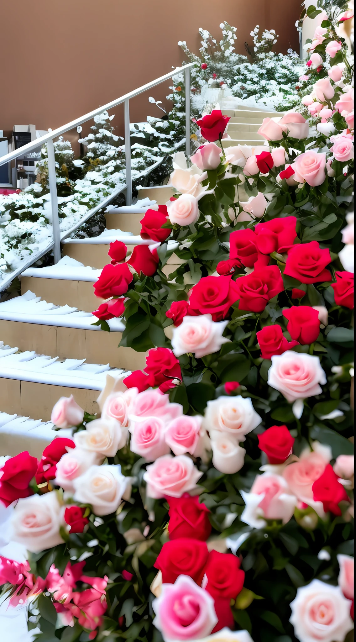 Many white roses and red roses grow on the steps, white and red roses, red roses at the top, of red and white colors, with snow covered colourful red, White roses, rosses, Beautiful composition, rosette, red and white flowers, author：Arthur Salkissian, with frozen flowers around her, beutifull, a few roses, stairway to heaven