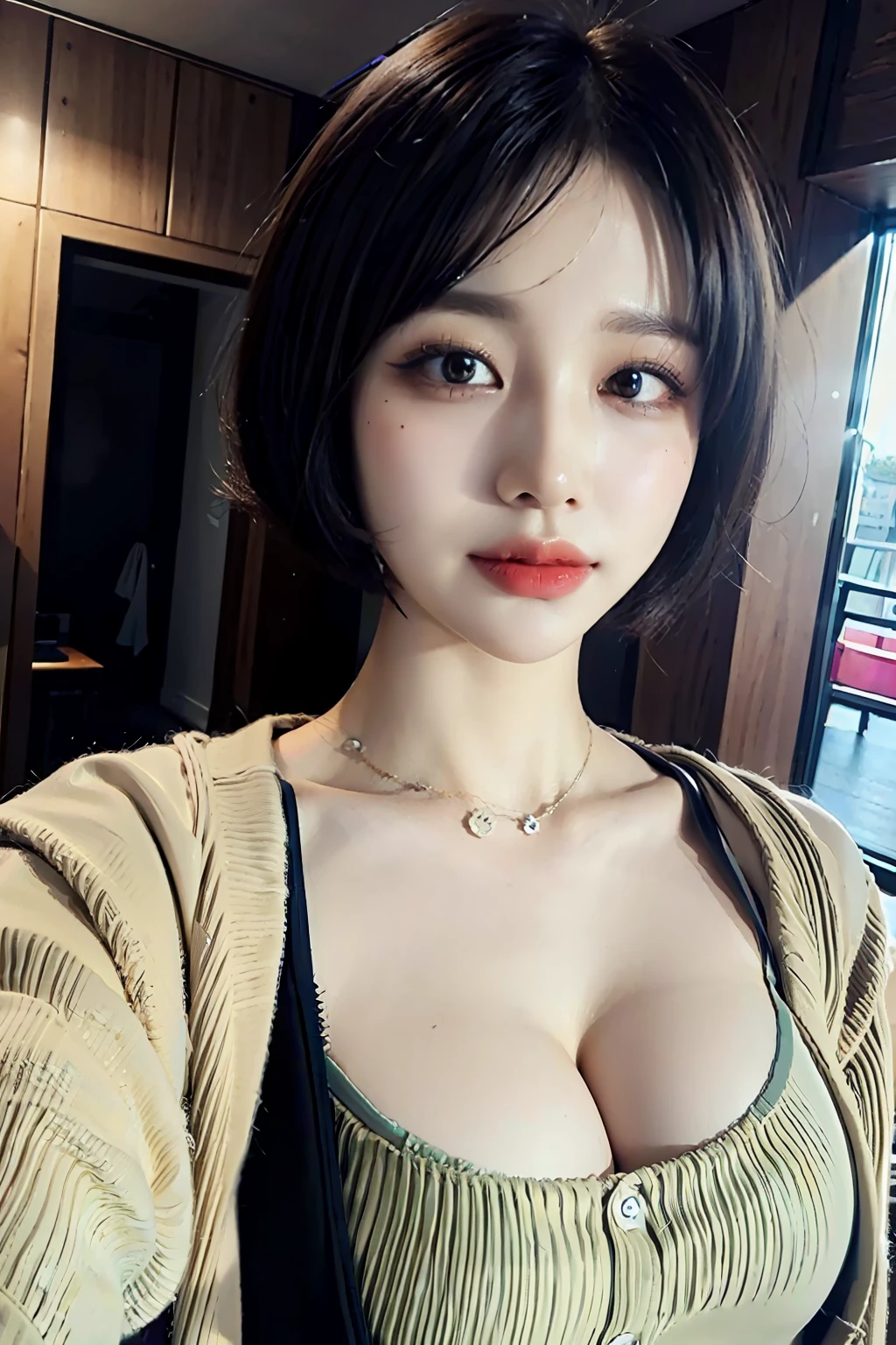 ((Top Quality, 8K, Masterpiece:1.3)), Detailed Woman:1.3, (Medium Shorthair, Big Breasts:1.2), Cardigan:1.1, Ultra Detailed, Detailed, Eyelids