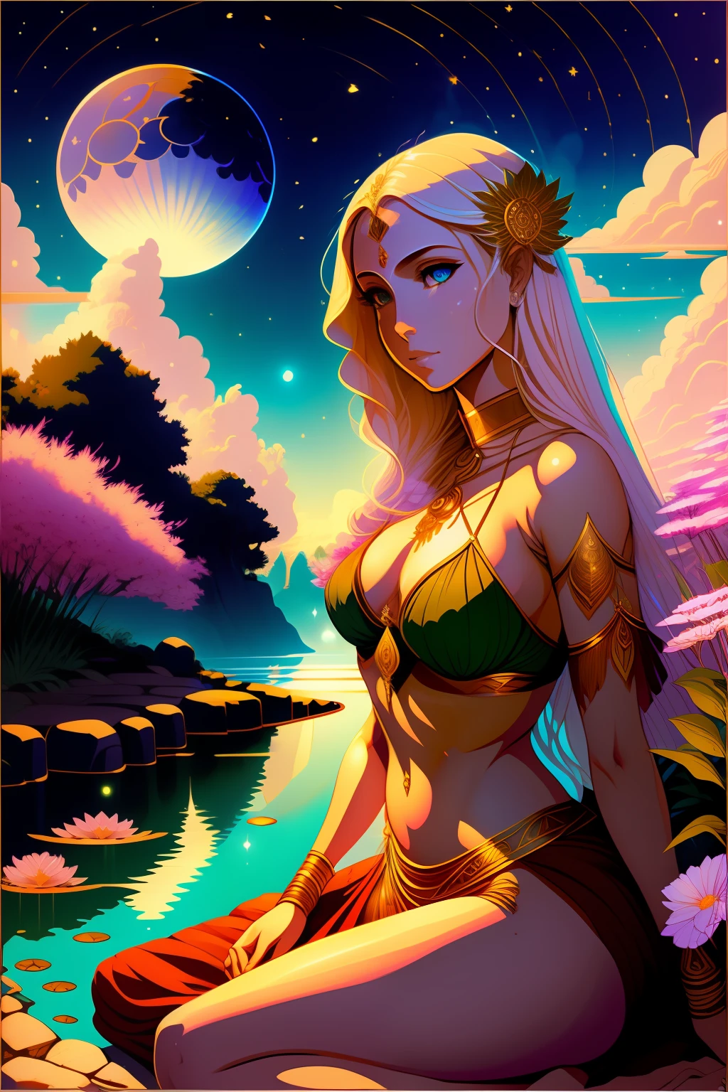 anime art of a man standing in a field with a giant moon in the sky, background art, jen bartel, quiet night. digital illustration, background art, lofi art, detailed sky, lofi art style, anime background art, anime sky, sky, night sky, in the style of dan mumford's artwork, anime background, colorful skies,((realistic: 1.5)),((best quality)), ((masterpiece)),((detailed)), (1girl), {a beautiful woman in a Sari}, full body,super wide angle lens, focus facial, young girl, sexy, toned muscles, long legs, female curves, barefoot, firm breasts, open neckline, beautiful breasts with pink peeps, thick thighs, wide hips, slim legs, green eyes, long platinum and gold hair, flowing hair, long eyelashes, (detailed face, beautiful eye, detailed pupils, detailed clothing features, dark background: 1.3), (Bindi, Jhumkas: 1.3), (Armlet, Haar, Payal, Maang Tikka, Jhumkas, Kamarband, Bangles: 1.3 ), mysterious ancient ruin, lush forests, deep canyons, bridge, river, cliff, cloud, lakes, rock, waterfalls, flowers, grass, fog, vine, tree, smoke, best shadow, bright details, sharp, perfect composition, Intricate ,sharp focus,dramatic,by Frank Frazetta,by Julie Bell,by Olivia De Berardinis,by Luis Royo,by Boris Vallejo,(specular lighting:1.3),rim light,princess playing with water,river bank,royal undergarment skimpy, random true color, lying on the ground, thirsty face, erotic face, parted lips, almost naked, slipped down underwear, fog, floating antique clock, lamp and lantern, night light, visible public fairness, visible breasts, breasts small and firm, beautiful small breasts with pink breasts, transparent clothes wet with water, mandala and flower tattoos, slight smile, sensual gaze, provocative gaze, waterfall, garden with pond, sitting girl with open legs, open legs, visible vagina , skin wet with water, beautiful caucasian girl, long platinum and gold hair, floating antique clock,