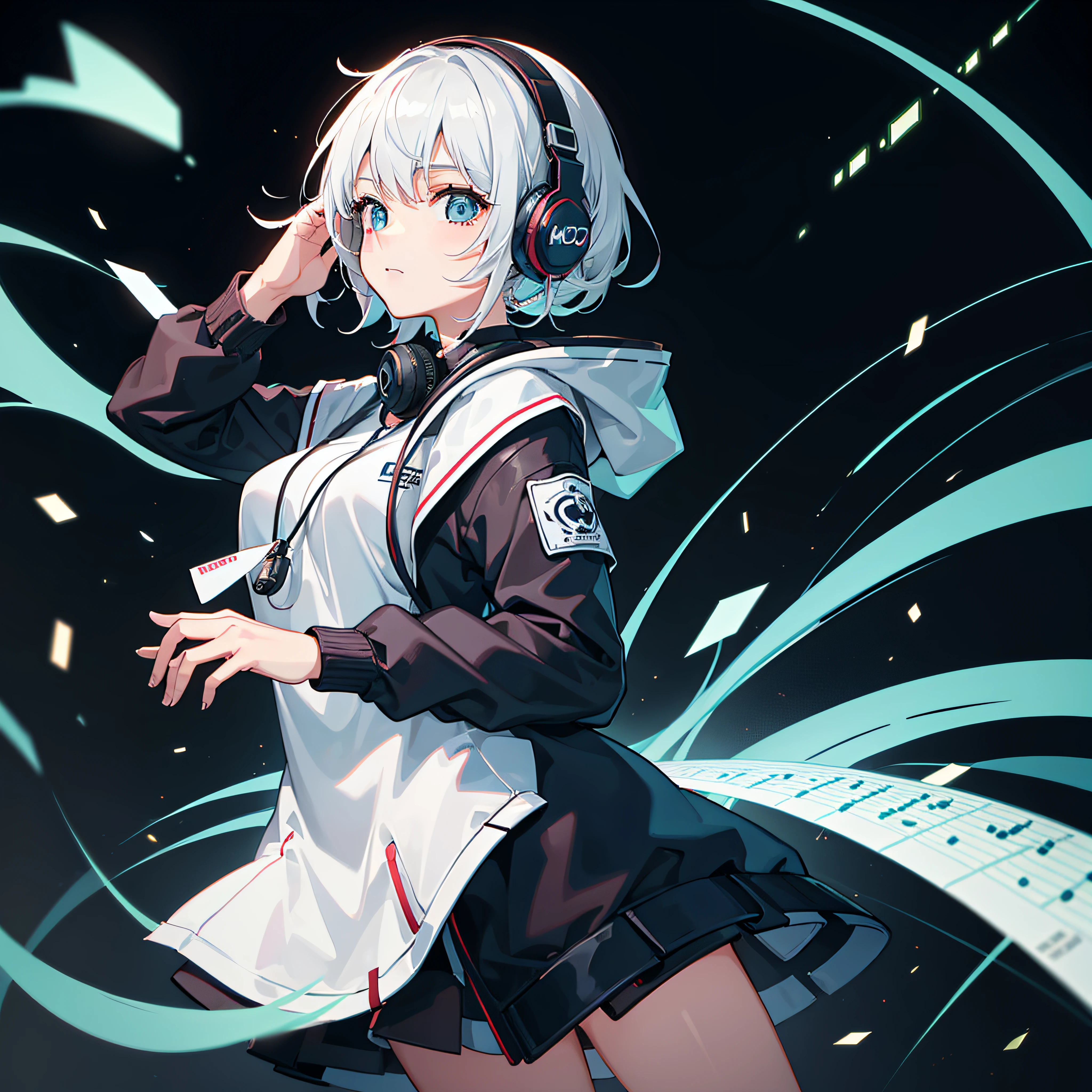 1girl, wearing headphones, music background