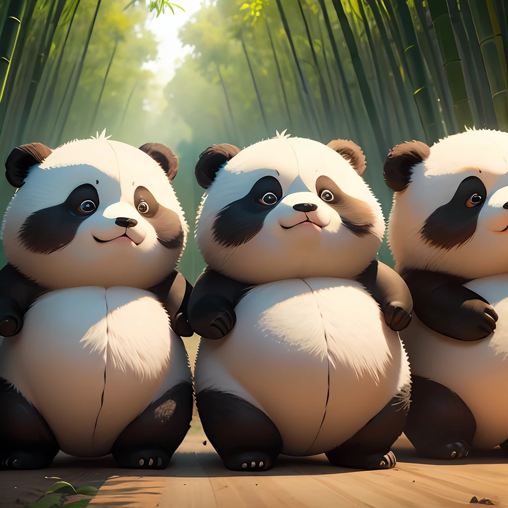 4K HD quality,Ridily scene details,A group of cute chubby pandas in a bamboo forest,beautidful eyes,Had a lot of fun playing basketball,
