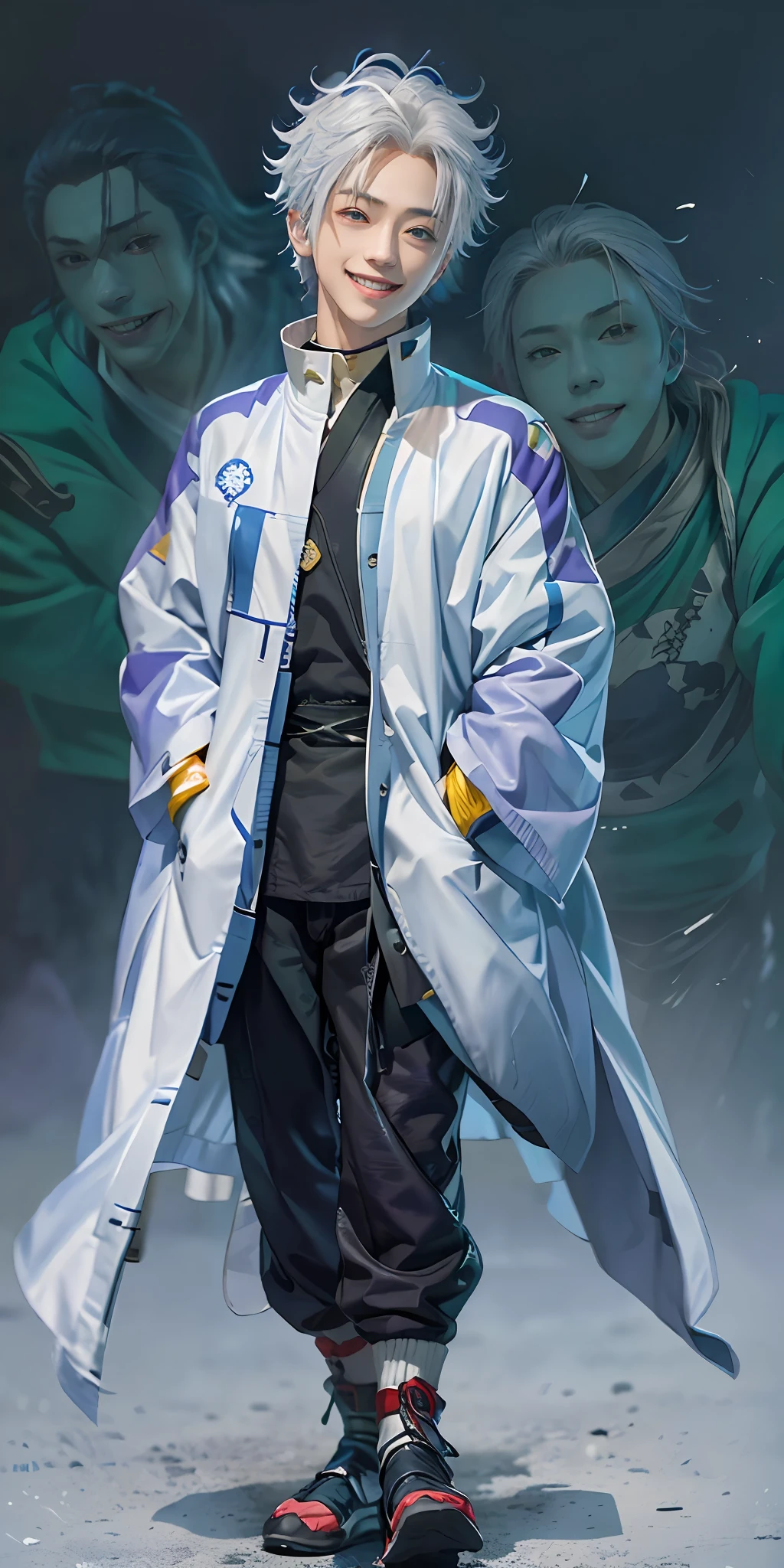 master piece, best quality, hyper detailed, ultra photo realistic, anime boy, ((gojo satorou), (jujutsu kaisen), white hair, purple blue coat, long full body shot, perfect smile, Gojo smiling, realistic, oily smooth skin, hyper detailed character art