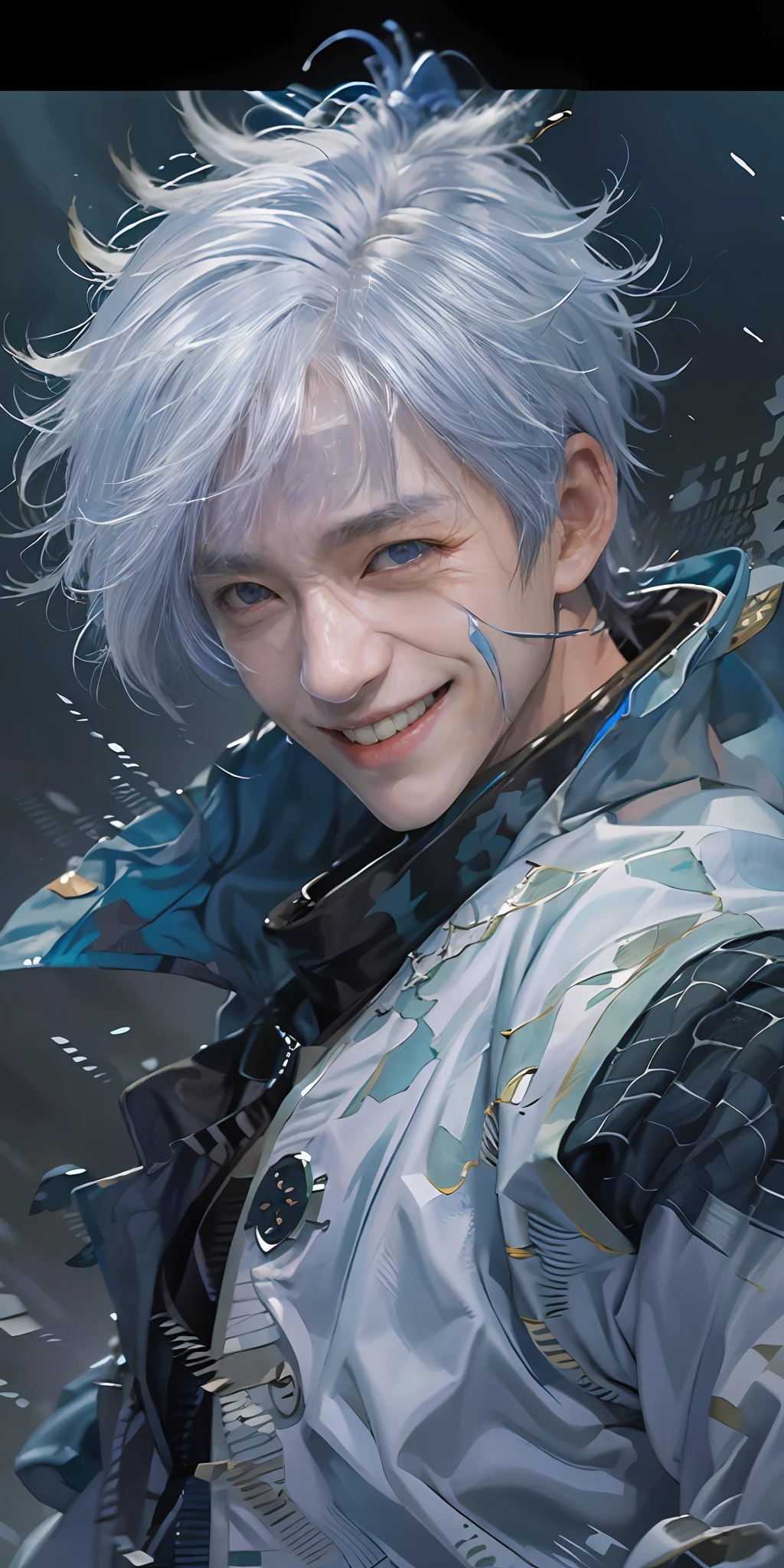 master piece, best quality, hyper detailed, ultra photo realistic, anime boy, ((gojo satorou), (jujutsu kaisen), white hair, purple blue coat, long full body shot, perfect smile, Gojo smiling, realistic, oily smooth skin, hyper detailed character art