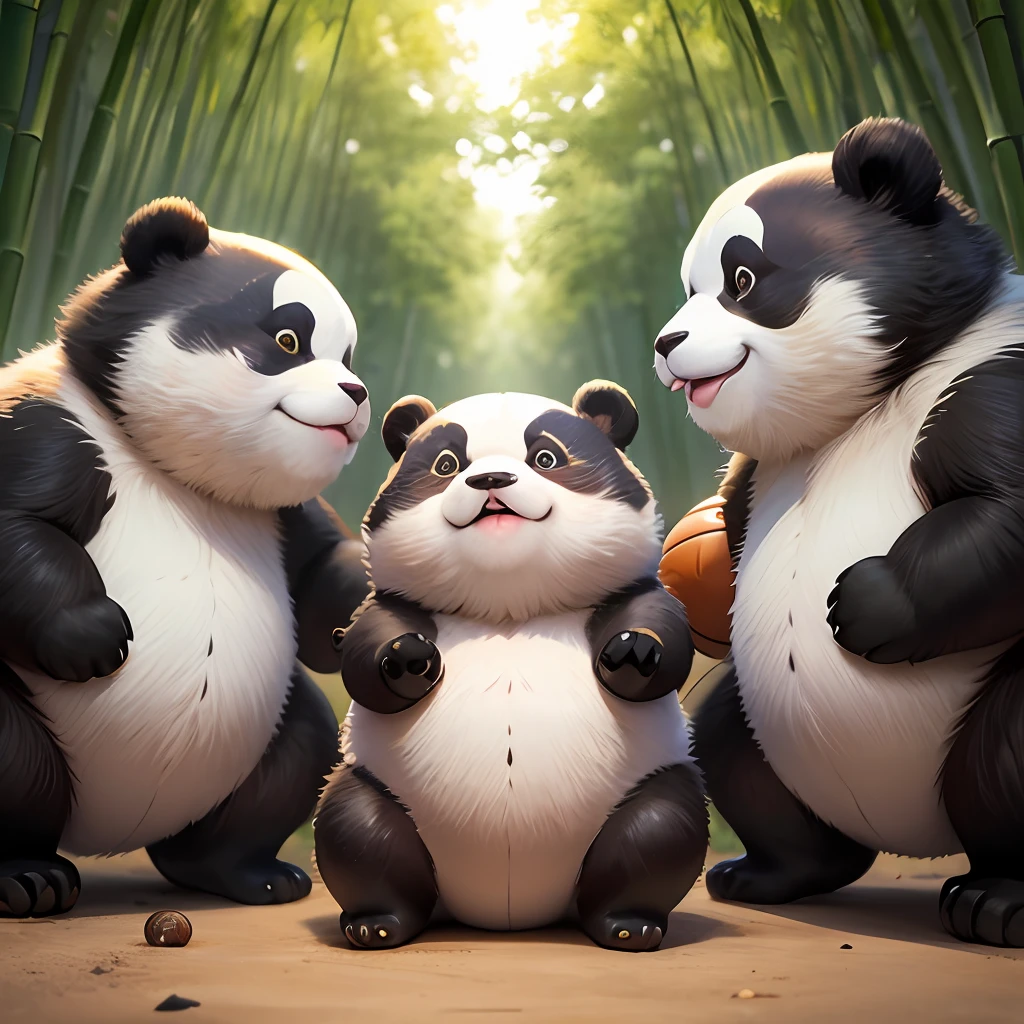 4K HD quality，Ridily scene details，A group of cute chubby pandas in a bamboo forest，beautidful eyes，Had a lot of fun playing basketball，