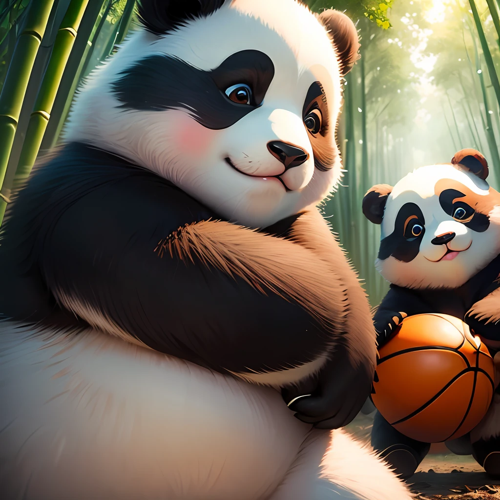 4K HD quality,Ridily scene details,A group of cute chubby pandas in a bamboo forest,beautidful eyes,Had a lot of fun playing basketball,