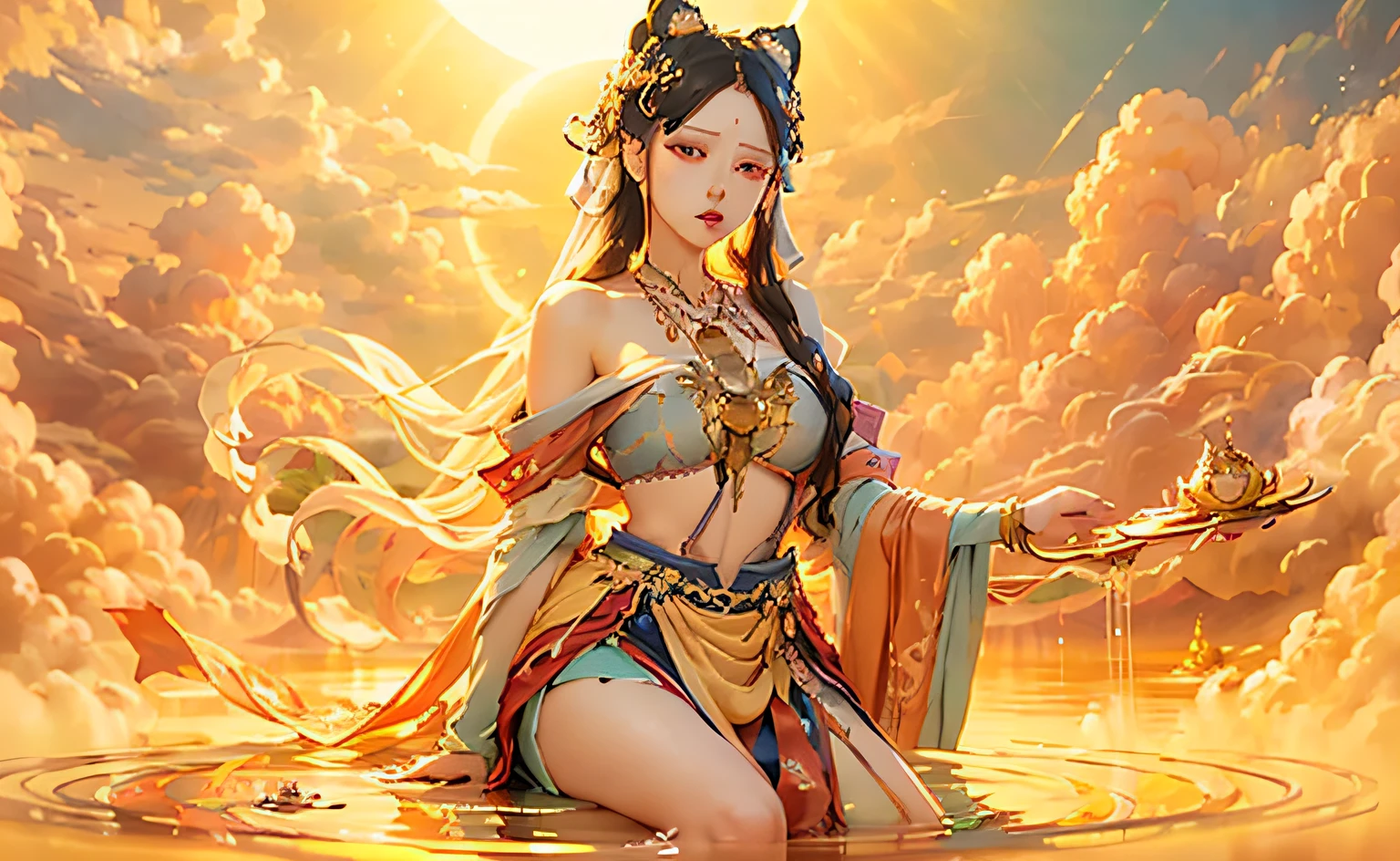 1个Giant Breast Girl,Calm expression,mesmerizing eyes,Straight hair,Flowing skirt,A calm posture,Porcelain-like skin,Subtle blush,Crystal Pendant BREAK Prime Time,(edge lit):1.2,a warm color palette,sunflare,soft shade,vivd colour,painterly effect,Fantastic atmosphere BREAK scenic lake,Far Mountain,Willow,Golden desert,Reflectors,Sunlit clouds,tranquil ambiance,Idyllic sunsets,ultra - detailed,offcial art,统一 8k 壁纸,zentangle,datura