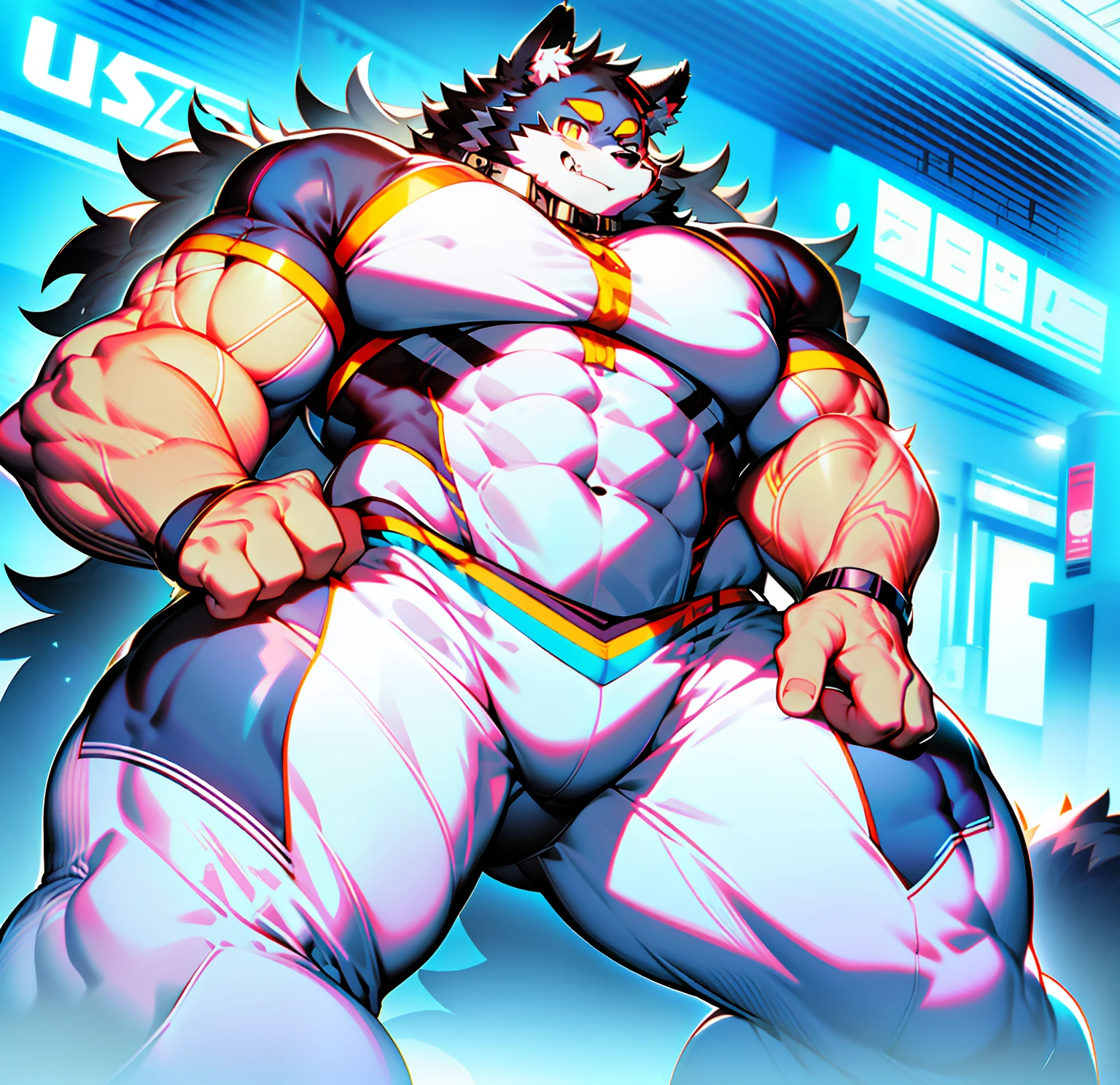 coyote,Furry,Blue pattern,Black hair,musculature,Muscle men,nakeness,Strong,ultraclear,Has a large ,Collar,Black shorts,Black sclera,red pupils,Abs,Yellow coat,The erection,Collar,Has a large ,der riese,tit,Solo,Stout arms,Storm jacket,Badge,Pronounced abs,ssmile,Dim lighting,Dark atmosphere,subway station background,Dim light,Urban style,hold fists,Big Dick,vast pecs
