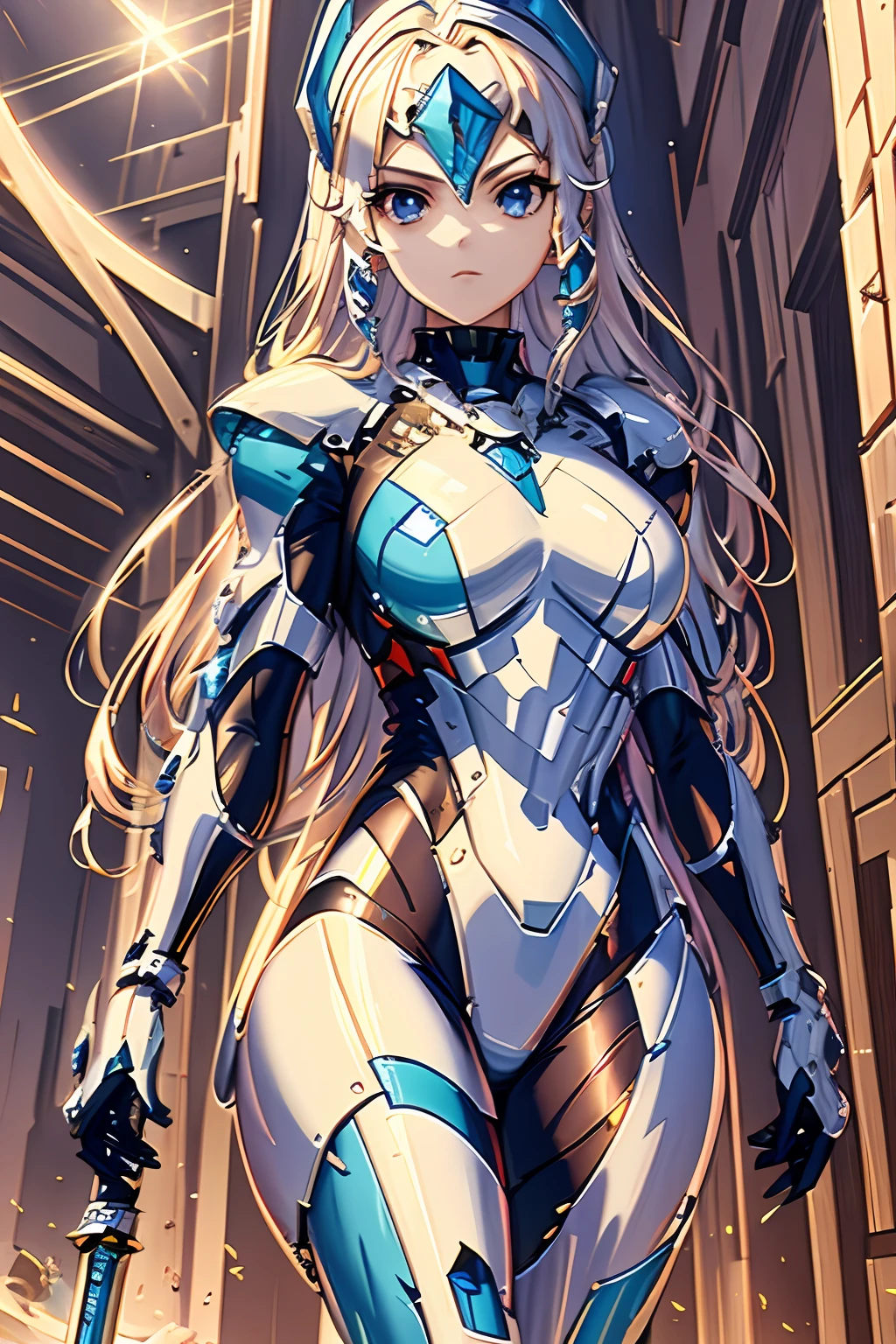 The background is in the palace，Blonde girl with spear，Wearing a blue mech suit，The girl holds a long gun，greene eyes，cabellos largos dorados，curlies，hight contrast，Fashionab，best qualtiy，8K