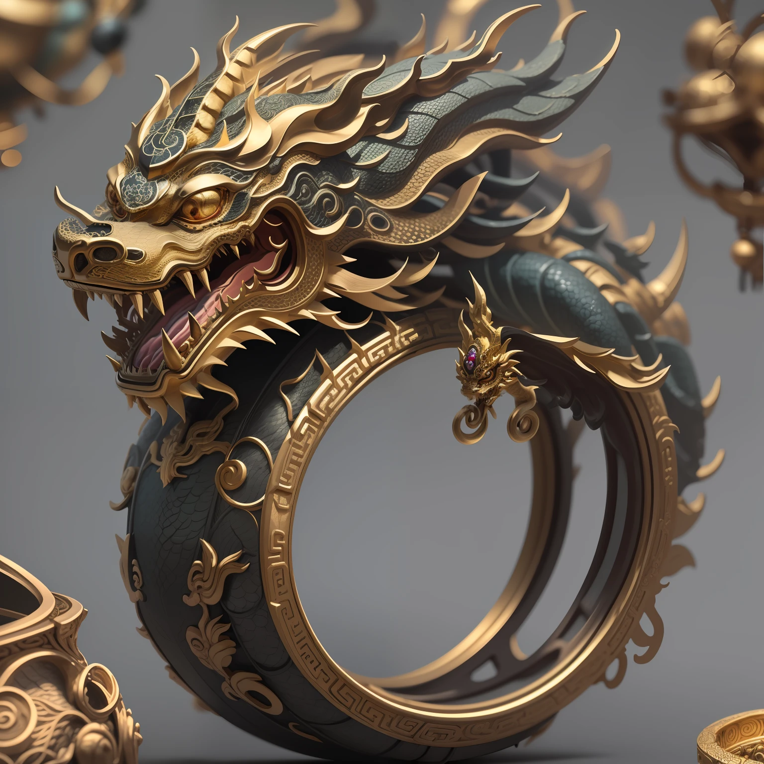 Masterpiece, Best quality, rendering by octane, hdr,
No Man, Simple background, Black background, greybackground, Depth of field, Gradient background,
(gyuru), gold, Metal wire winding，intricately details,reasonable design，(Chinese dragon body on the ring ),