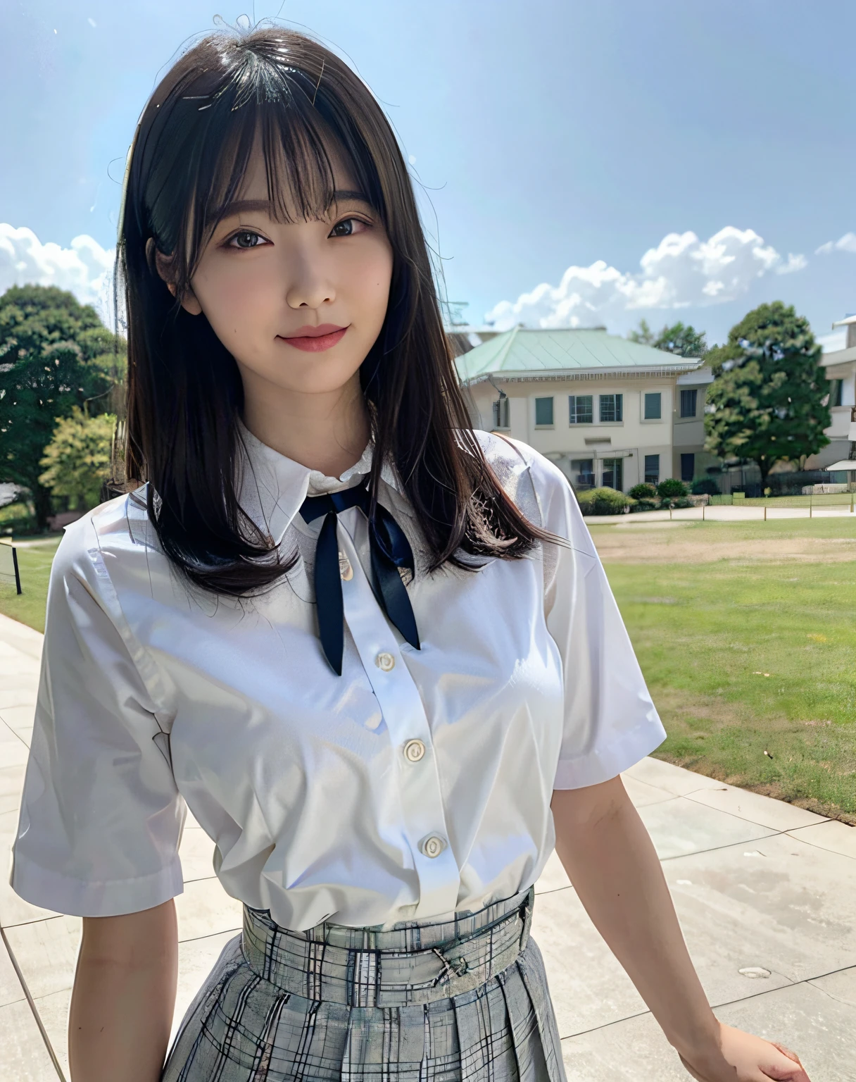 Woman posing in schoolyard、top-quality、女の子 1 a person、middlebreasts、tag、with light glowing、blur backgroun、bokeh dof、outside of house、(Street:0.8)、(a person々、Large crowds:1、A slender、large full breasts、hi-school girl、Clothes that adhere perfectly to the body、White collared shirt、shortsleeves、（Pleated skirt with dark green check)、Floating hair、Long、Forehead:0.8)、Beautiful sky with details、耳Nipple Ring、A slender、Sareme、 (above knee)、Soft lighting、the wind、glowy skin、A smile、The wind is blowing、